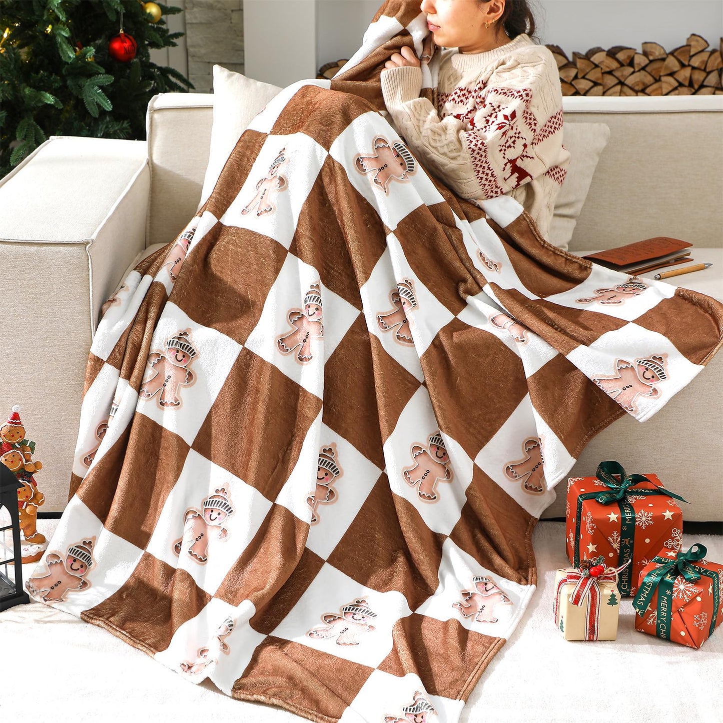 Tingjoo Christmas Gingerbread Man Throw Blanket Double Sided Xmas Fuzzy Blanket Brown White Cozy Soft Flannel Decor for Home Bed Sofa Couch Chair Xmas Gifts, 60 x 50 Inch (White Brown, Gingerbread)