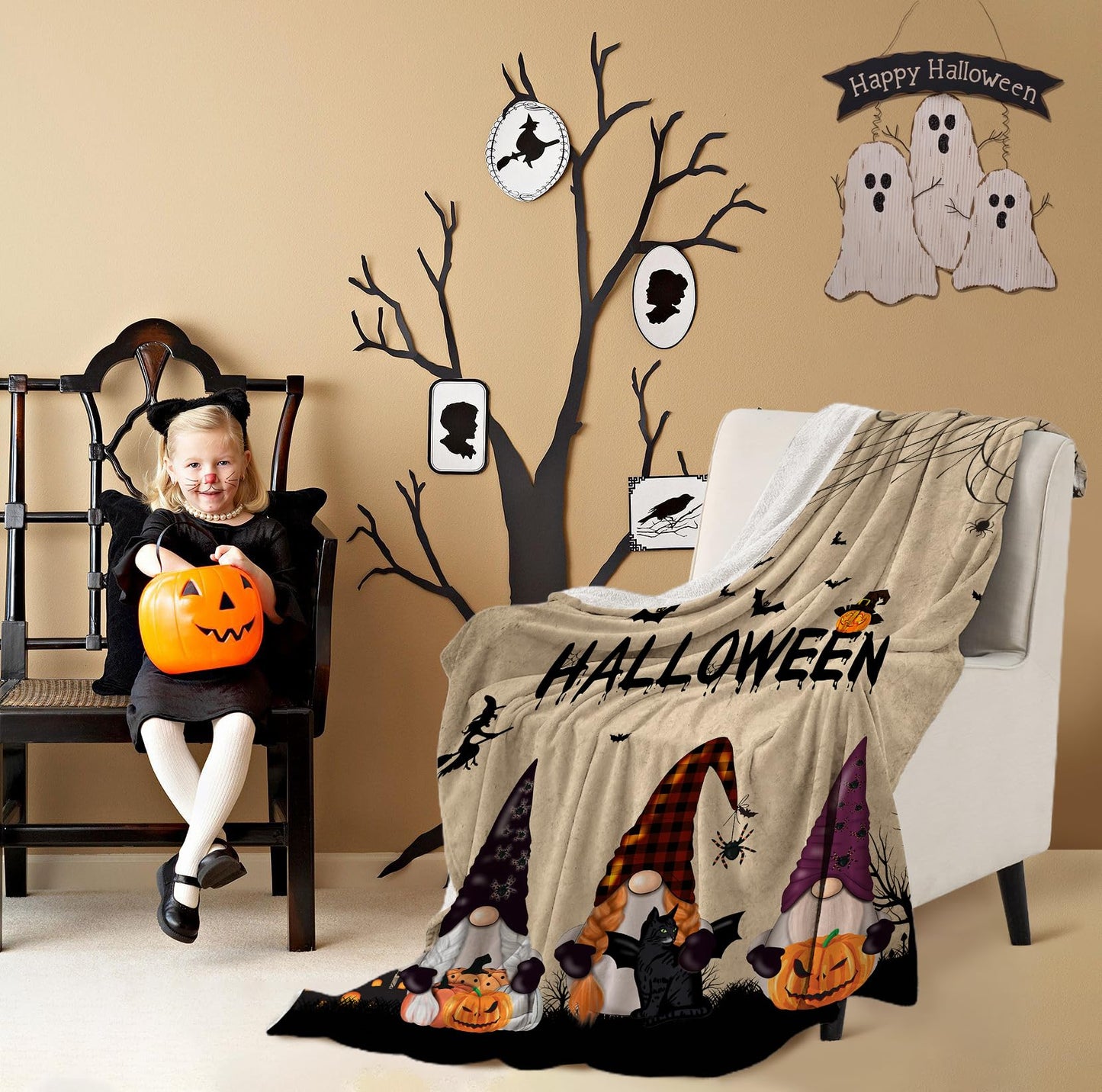 Halloween Gnome Blanket Flannel Fleece Throw Blankets Halloween Bats Black Cat Blanket Lightweight Cozy Warm Fuzzy Plush Soft Blankets for Couch Bed Sofa 40X50 Inches