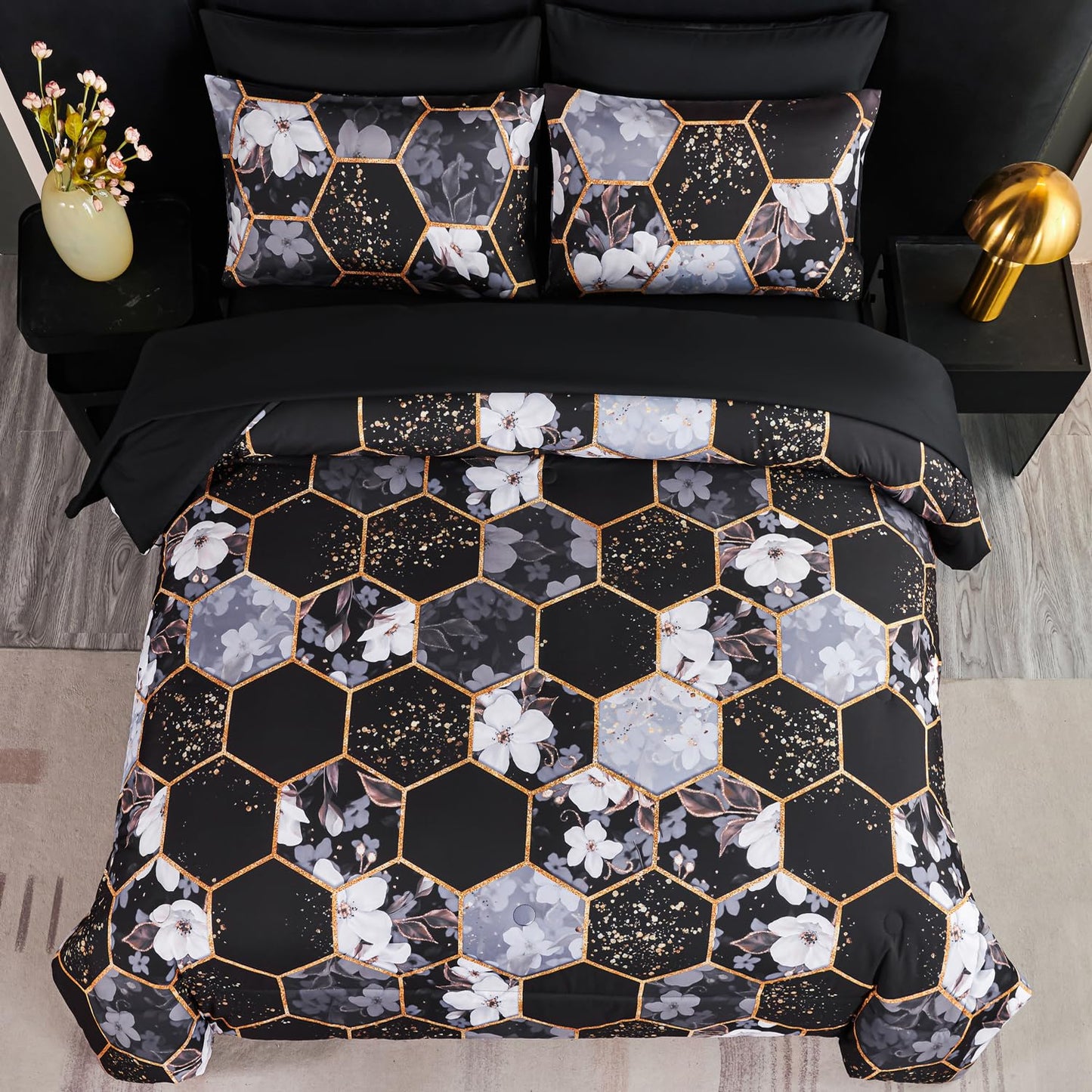 ANGIYUIN Black Gold Full Comforter Sets Floral Print Bedding Sets 7 Pieces Marble Bed in A Bag with Sheets White Flowers Bedding Comforter Sets for Women Men