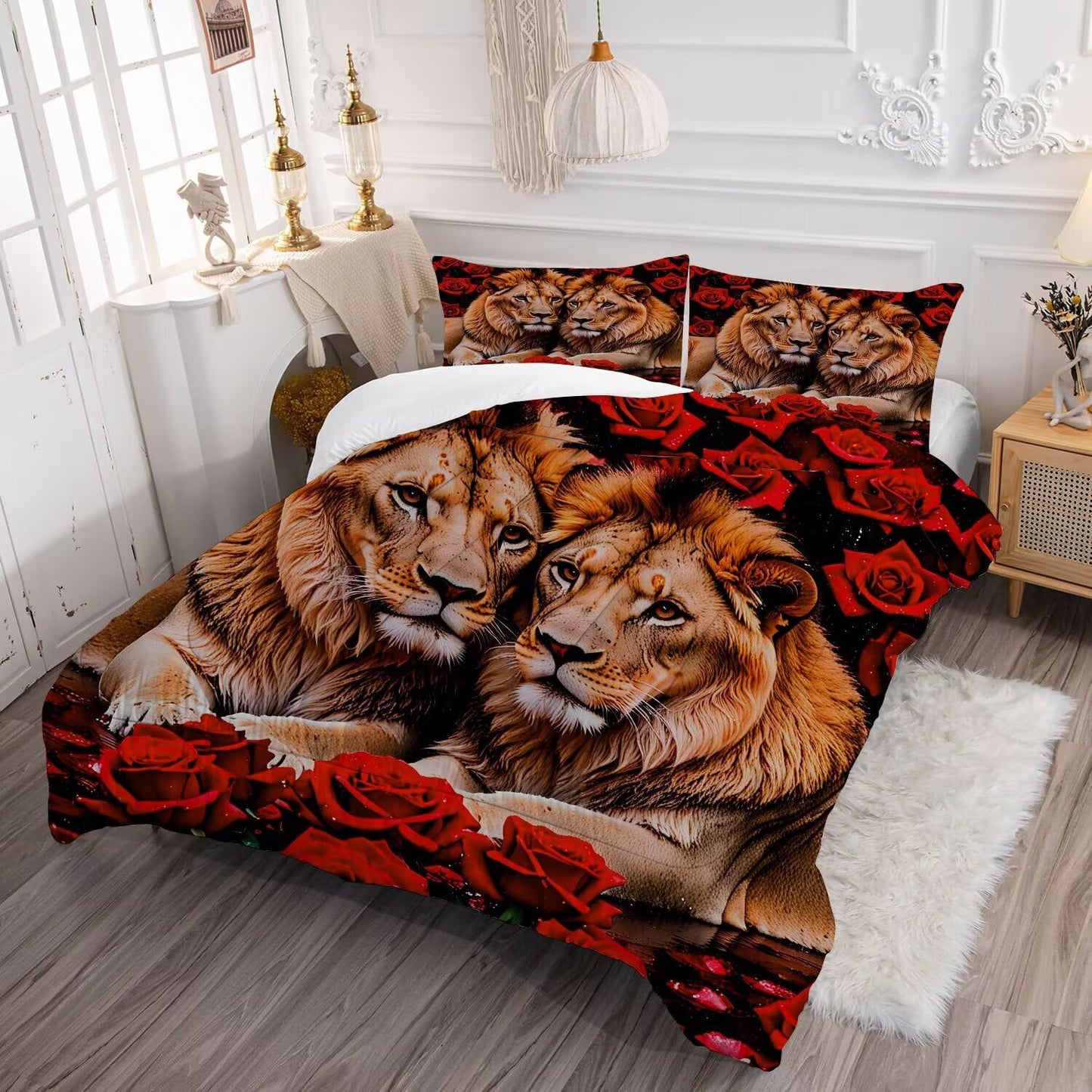 VTKON Kids Adults 3D Animal Comforter Set Queen, Soft Wildlife Lion Red Rose Print Bedding Set Theme Design Animal Print Bedding Set for Kids Youth Adults, Modern Brown Lion Quilt Cover Decor Room