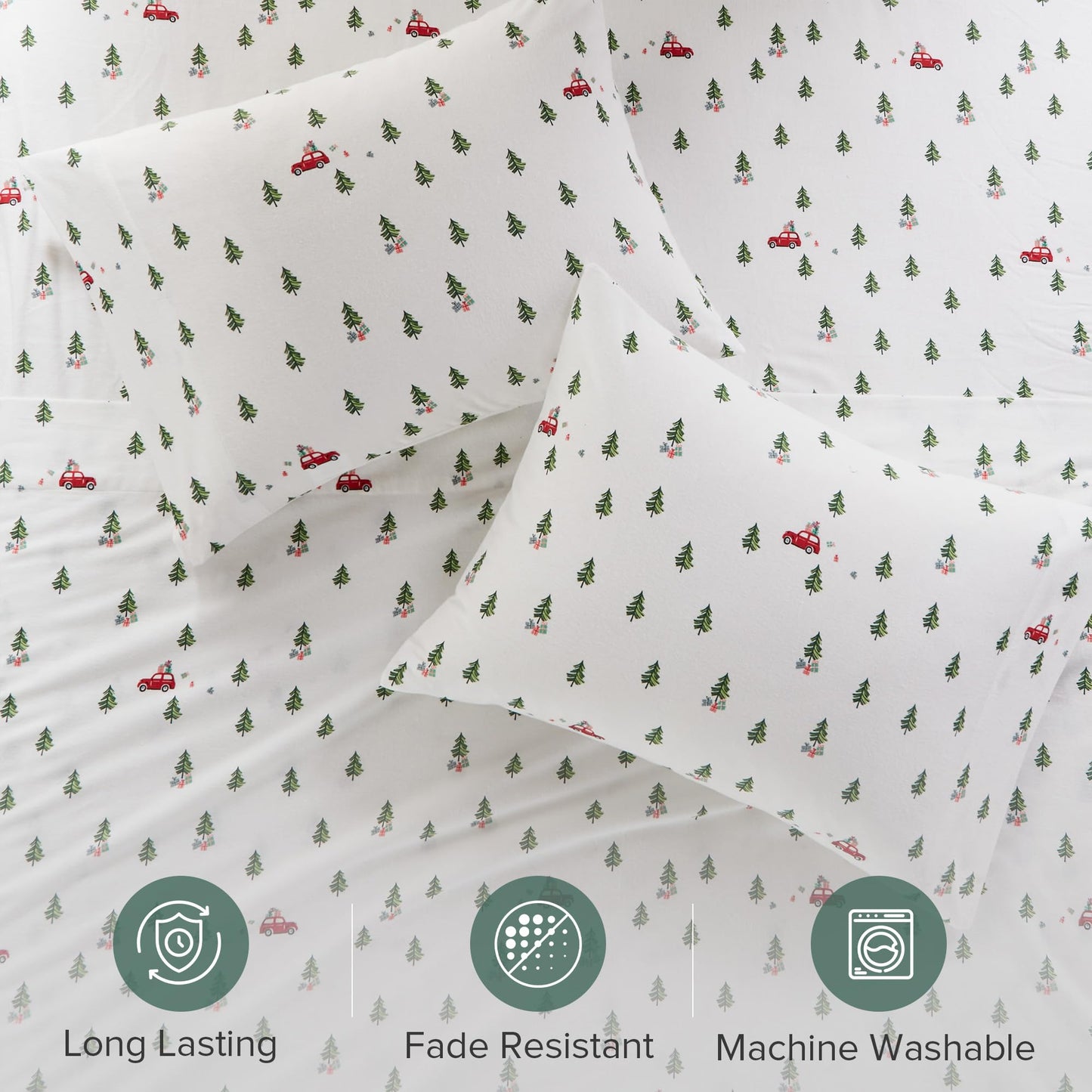 Woolrich Cotton Sheet Set Cottage Charms Print, 100% Cotton Flannel Sheets Warm & Fuzzy Bedding Set Queen Size Sheets, Fitted Pocket Fits Up to 14" Mattress, Queen Green Tree Trip 4 Piece