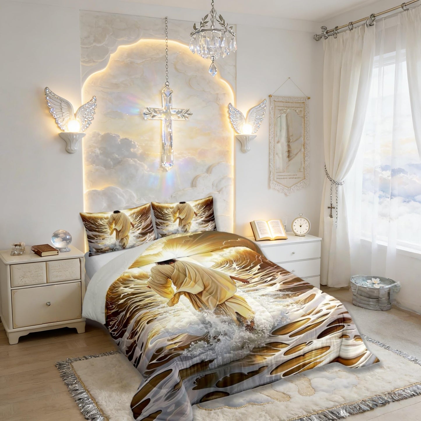 Manfei God Walking on Water Girls Bedding Set Twin Size,Bible Verse Western Faith Comforter Set,Golden Ocean Divine Light Quilt Comforter Girls Boys Teens,Golden Room Decor All Season,1 Pillowcase