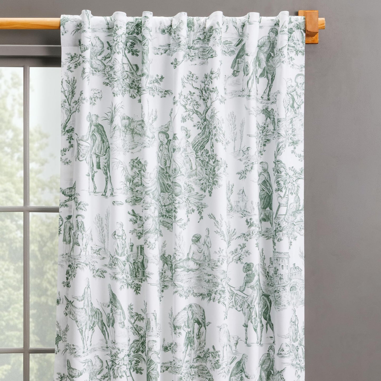 Maison d' Hermine Curtains for Living Room 100% Cotton 96 inch Length One Panel Light Filtering Toile Curtains with Rod and Loop Pockets (The Miller Antique Green (White Background), 50" W x 96" L)