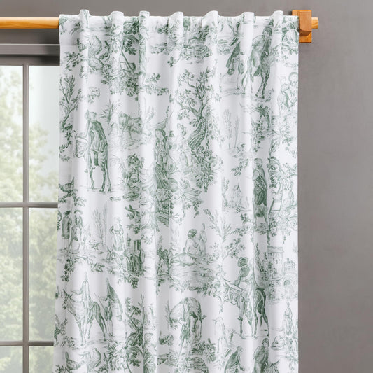 Maison d' Hermine Curtains for Living Room 100% Cotton 96 inch Length One Panel Light Filtering Toile Curtains with Rod and Loop Pockets (The Miller Antique Green (White Background), 50" W x 96" L)