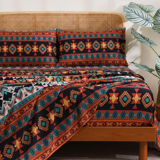 CozySmile 4 Pieces Queen Sheet Set Bohemian, Boho Sheets Soft Microfiber Deep Pocket, Western Sheets Geometric(Queen, Multicolor Tribal)
