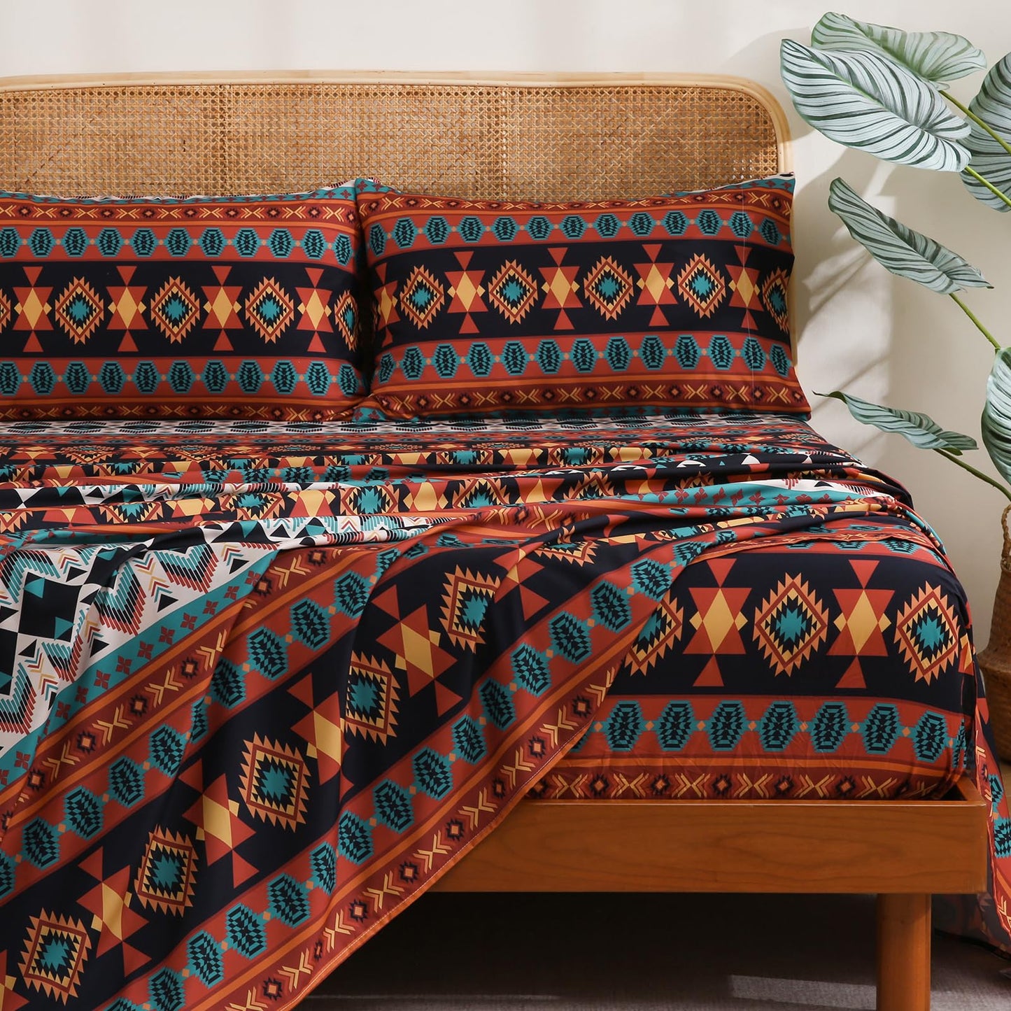 CozySmile Boho Printed Sheet Set Queen Size 4 Piece Soft & Breathable Bedding Deep Pocket 16" Cooling Wrinkle Free Comforter Bed Set Geometric Pattern Sheets (King, Multicolor Tribal