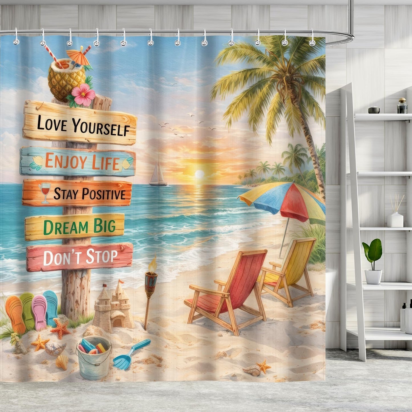 iTapnoom Tropical Beach Shower Curtain, Ocean Coastal Motivational Quotes Inspirational Palm Tree Sunset Bathroom Decor Fabric Curtain Set with Hooks 72x72 Inches