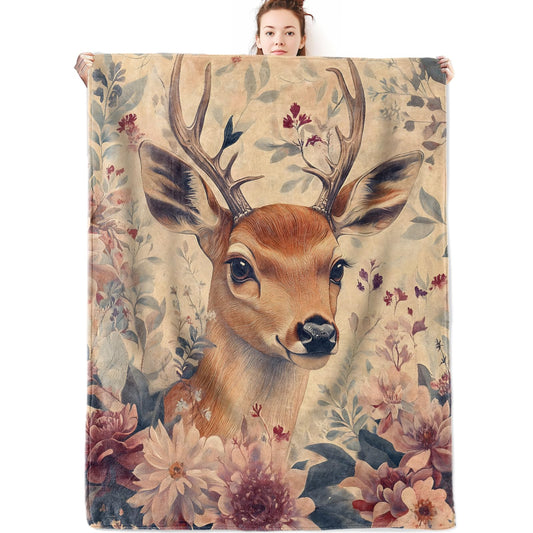 olpddz Deer and Floral Flannel Blanket Gifts for Animal Lover,60x50inch,Elegant Woodland Wildlife Throw Blankets with Vintage Botanical,for Bedroom,Sofa,Living Room,Camping Fall Home Decor Throws