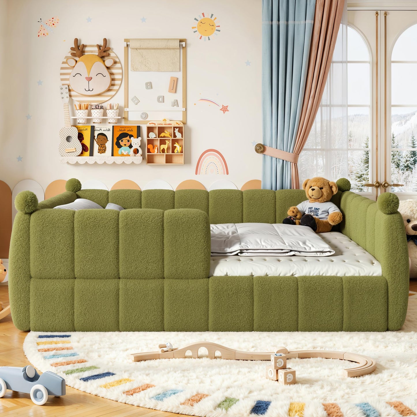 Bellemave Queen Size Teddy Fleece Upholstered Montessori Floor Bed with Fence,Low Profile Kids Bed Frame with Full Padded Safety Guardrails, No Box Spring Needed for Boys and Girls,Green