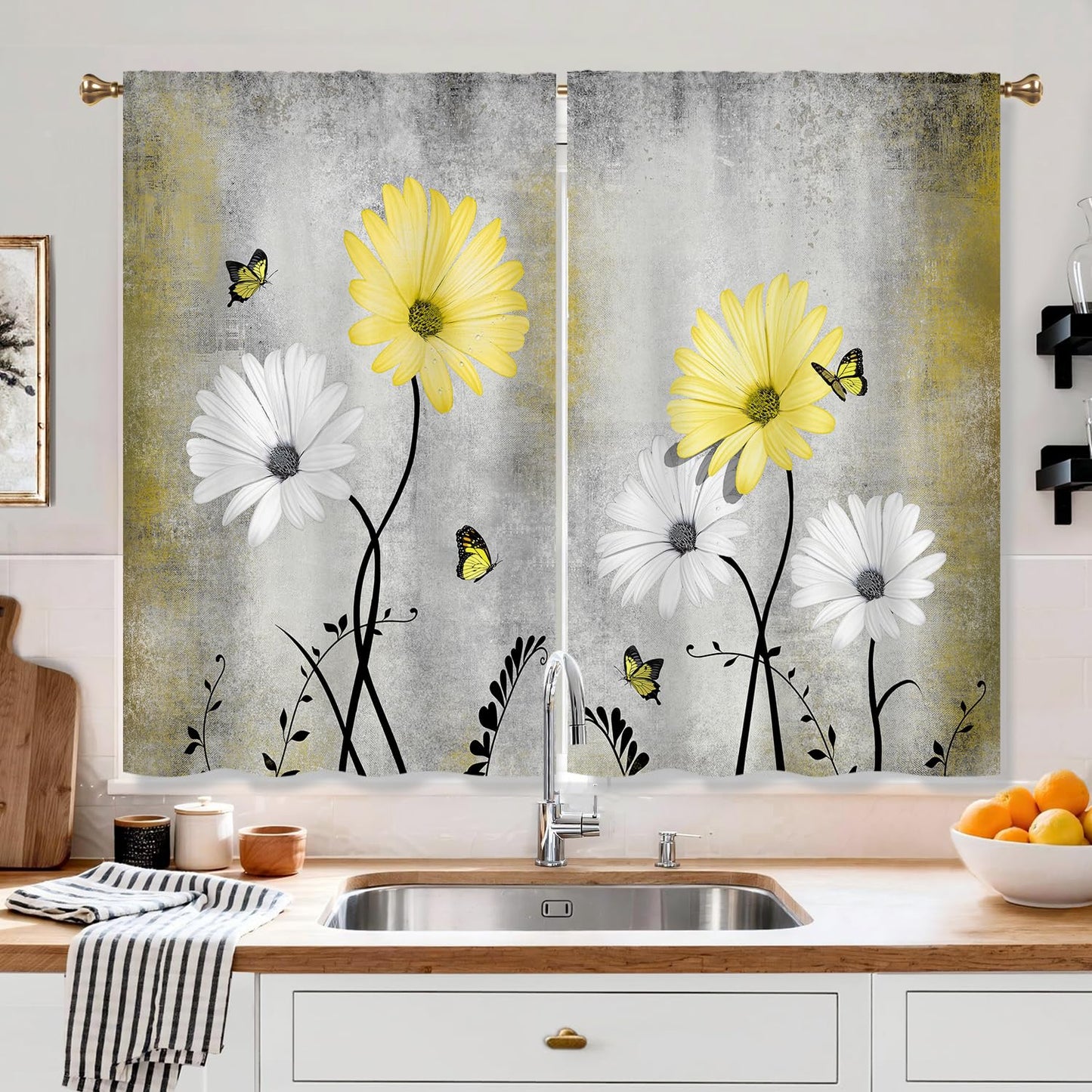 Cizuug Yellow Daisy Rustic Farmhouse Kitchen Curtains Watercolor Floral Flower Small Short Cafe Window Curtains Butterfly Country Bathroom Drapes Treatment Tier Curtains 2 Panels