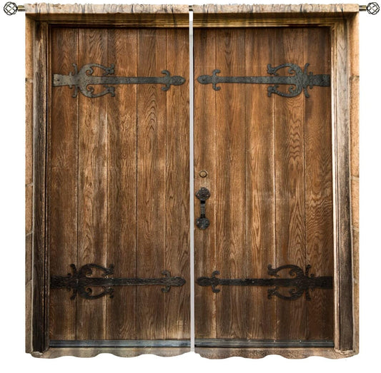 Rustic Wooden Barn Door Blackout Windows Curtains, Wooden Barn Door Rustic Farmhouse Vintage Curtains, for Living Room Bedroom Kitchen Set 2 Panels,42x45 Inches