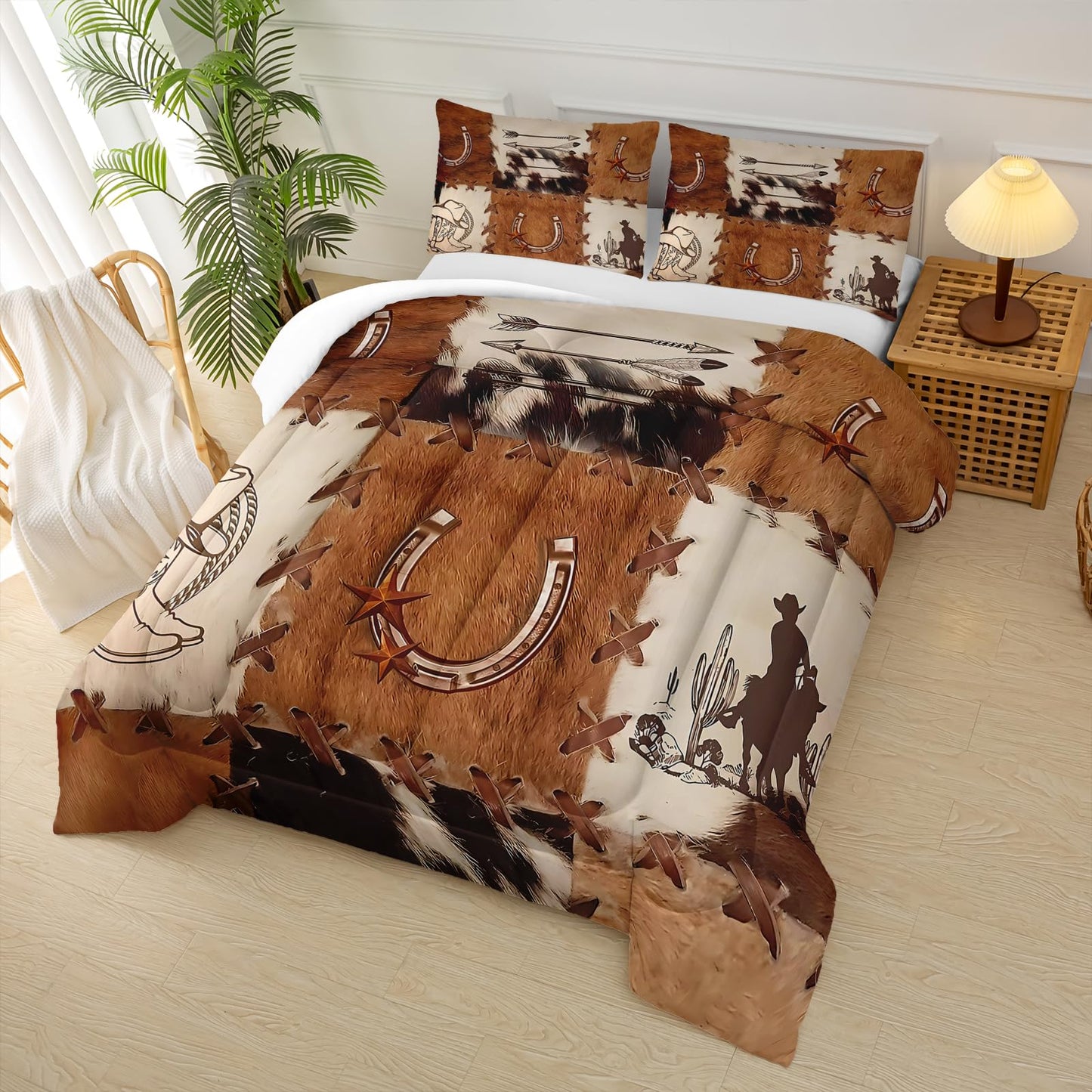 lneffble Western Comforter Set Twin,Cow Print Comforter Set for Boys,Retro Cowhide Animals Skin Brown Bedding Set,Western Cowboy Bedding Set, Cowboy Boot and Arrow Pattern Quilt Set
