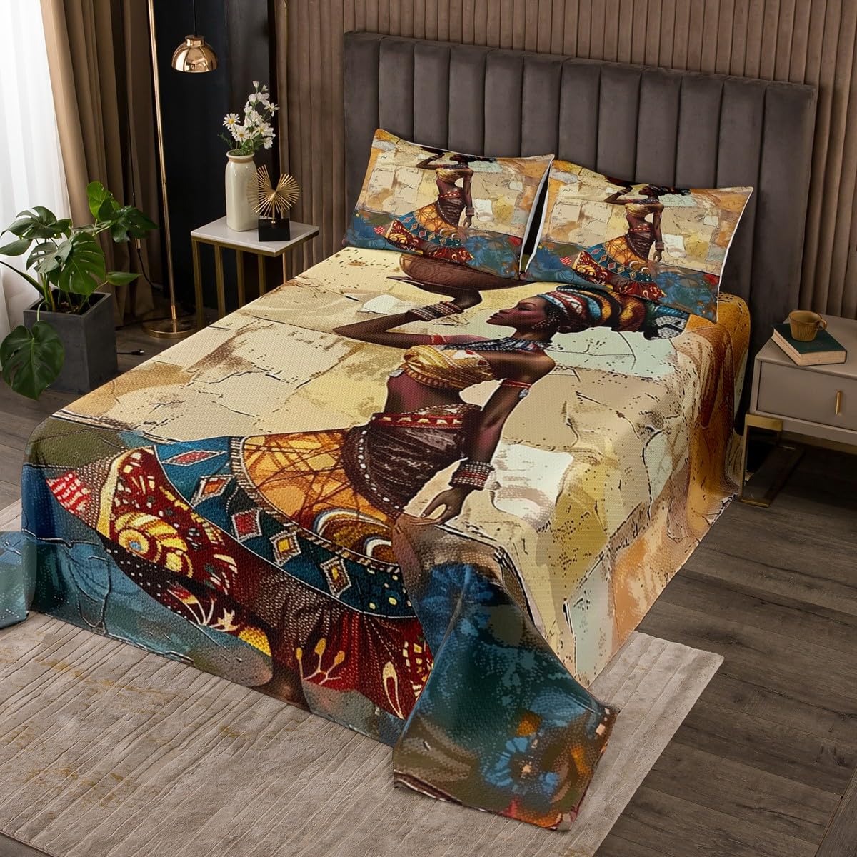 Homewish African Woman Bedding Sets King Size,Retro Graffiti Art Bedspread 3Pcs for Kids Girls Boys Adult Room Decor,Traditional Africa Quilt Comforter American Style Coverlet,2 Pillowcases