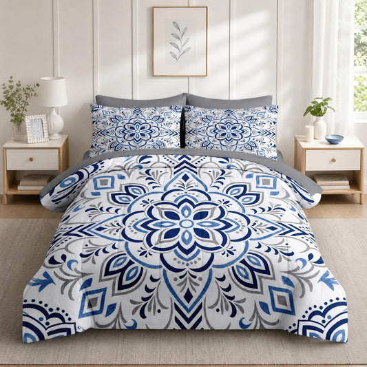 Boewywh Comforter Set Twin Size Mandala Blue Boho 7 Pcs, Bedding for Kids and Adults, Moroccan Floral Bed Sheet Sets with Fitted Sheet 2 Pillowcases & 2 Shams for Bedroom Bed Decor