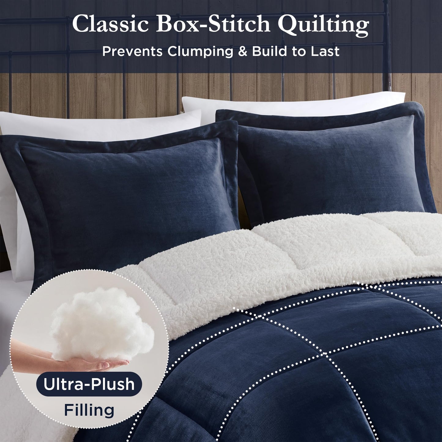 Woolrich Reversible Comforter Set Ultra Soft Plush to Sherpa, Down Alternative, Cold Weather Winter Warm Bedding, with Matching Sham, Decorative Pillow Navy/Ivory Full/Queen 4 Piece