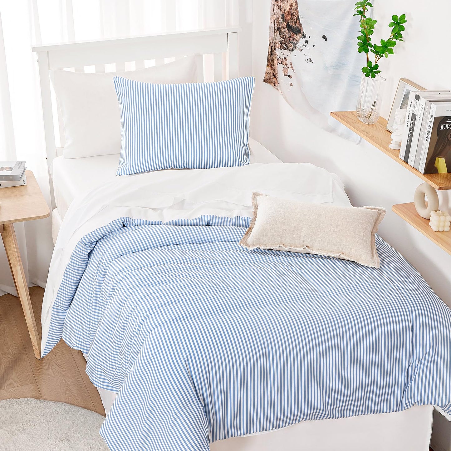 Wake In Cloud - Striped Comforter Set, Ticking Stripe Vertical Pinstripe Neutral Farmhouse Pattern Printed, Soft Lightweight Bedding, 3 Pieces, Blue White, Twin/Twin XL Size