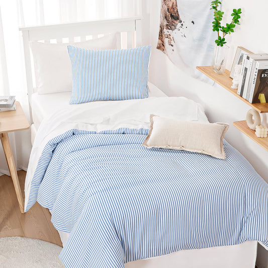 Wake In Cloud - Striped Comforter Set, Ticking Stripe Vertical Pinstripe Neutral Farmhouse Pattern Printed, Soft Lightweight Bedding, 3 Pieces, Blue White, Twin/Twin XL Size