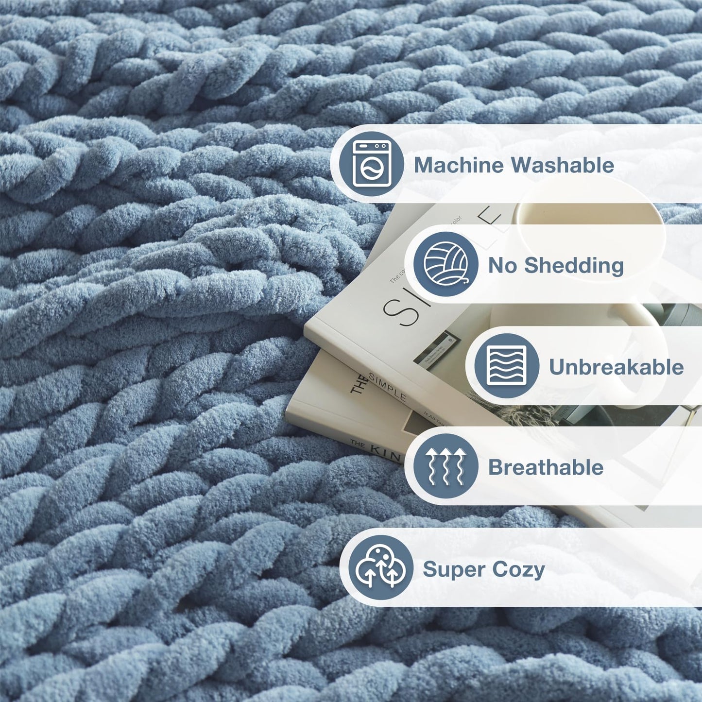 Feabuccy Soft Chunky Knit Blanket, 40X50 Inch Handmade Thick Chenille Yarn Throw Without Shedding & Raveling, Aesthetic & Cozy Home Decor with Couch Sofa Bed, Gift Pack, Airy Blue
