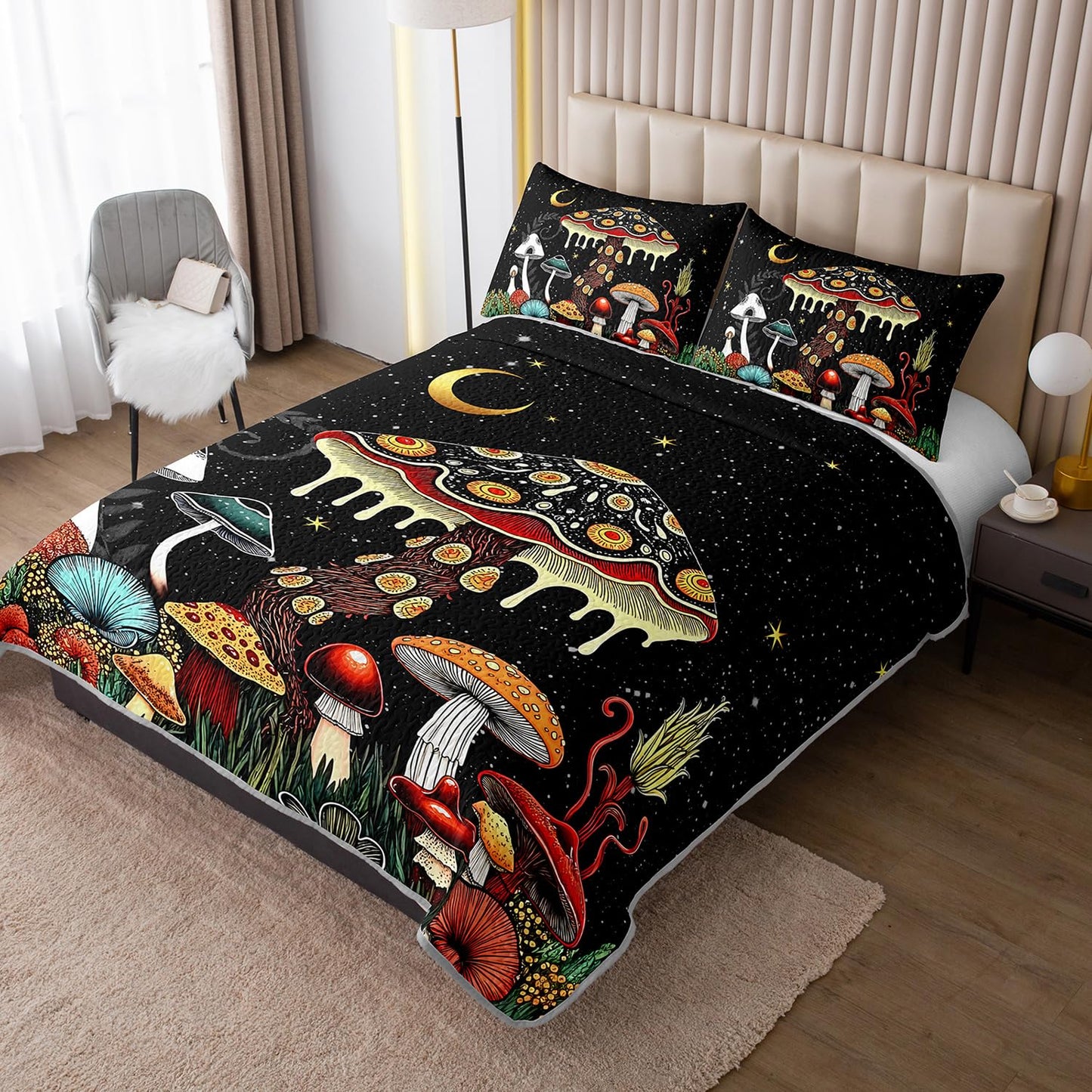 UEVBF Kids Mushroom Bedding Set King Size,Natural Wild Fungus Quilt Sets for Kids Boys Girls Room Decor,Botanical Plants Soft Lightweight Quilt Sets with 2 Pillowcases.