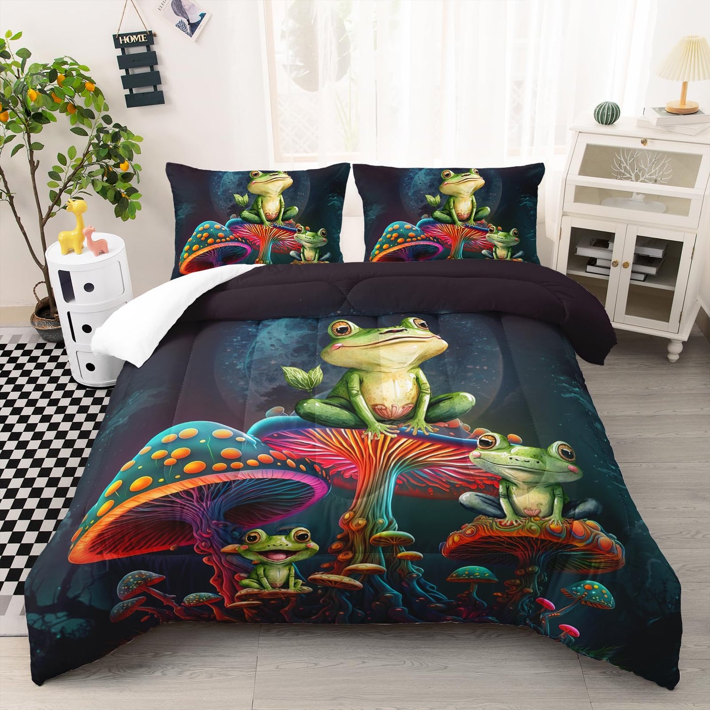 AILONEN Frog Comforter Set Queen Size,Fantasy Magic Mushroom Frog Kids Bedding Set for Boys Girls,Green Wild Animals Duvet Set 3 Pieces, 1 Quilt and 2 Pillowcases, All Season