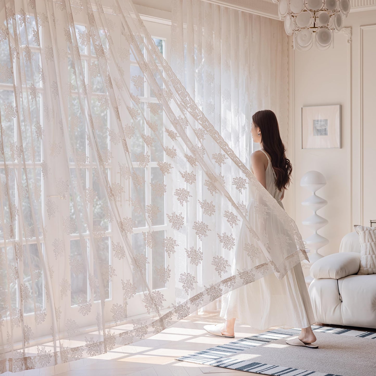 Ivory Lace Curtains 90 Inch Long Vintage Rose with Scalloped Edges Semi Sheer Privacy Curtain Drapes for Living Room, Bedroom Cream Lace Window Curtains with Rod Pocket, 57"W x 90"L, 3 Panels
