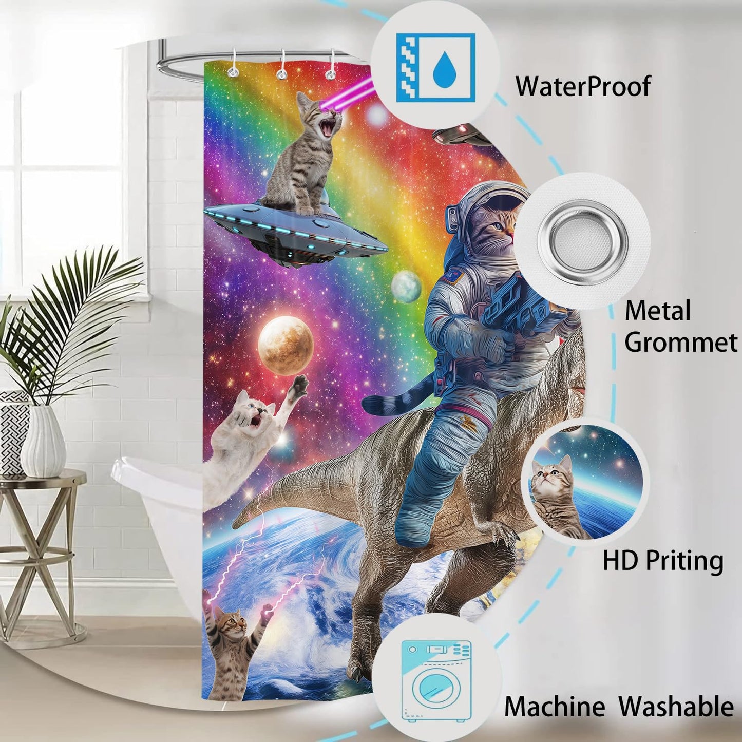 Aeyadis Funny Cat Riding Dinosaur Shower Curtain, Cool Cute Space Fantasy Galaxy Kids Shower Curtains Decor for Boys Girls Bathroom Set, Washable Waterproof Fabric with 12 Hooks, 72x72 Inch
