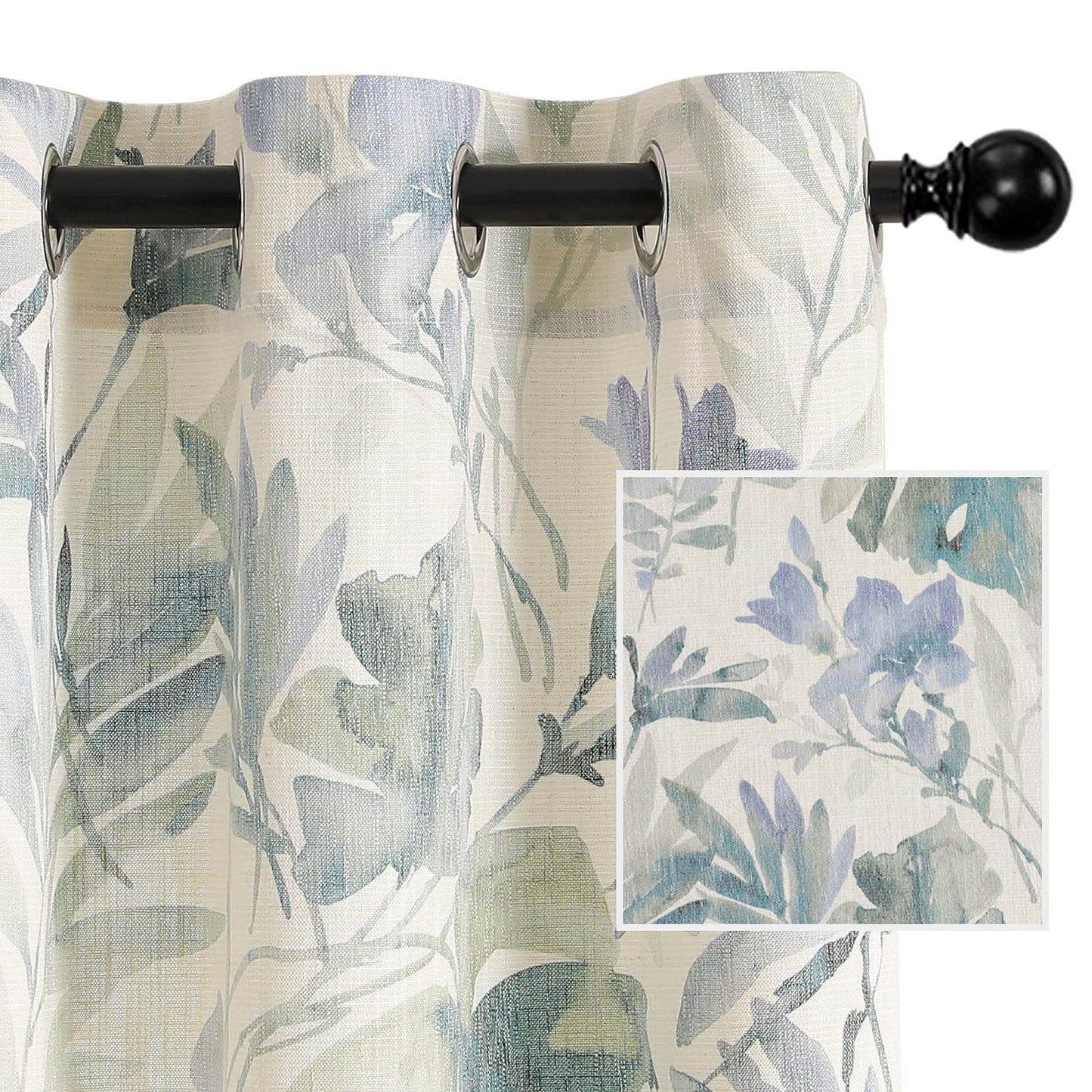 MYSKY HOME Sage Green Curtains 84 Inch Length Light Filtering Privacy Protect Drapes for Living Room Bedroom Flower Printing Window Treatment Grommet 2 Panels,Sage and Natural