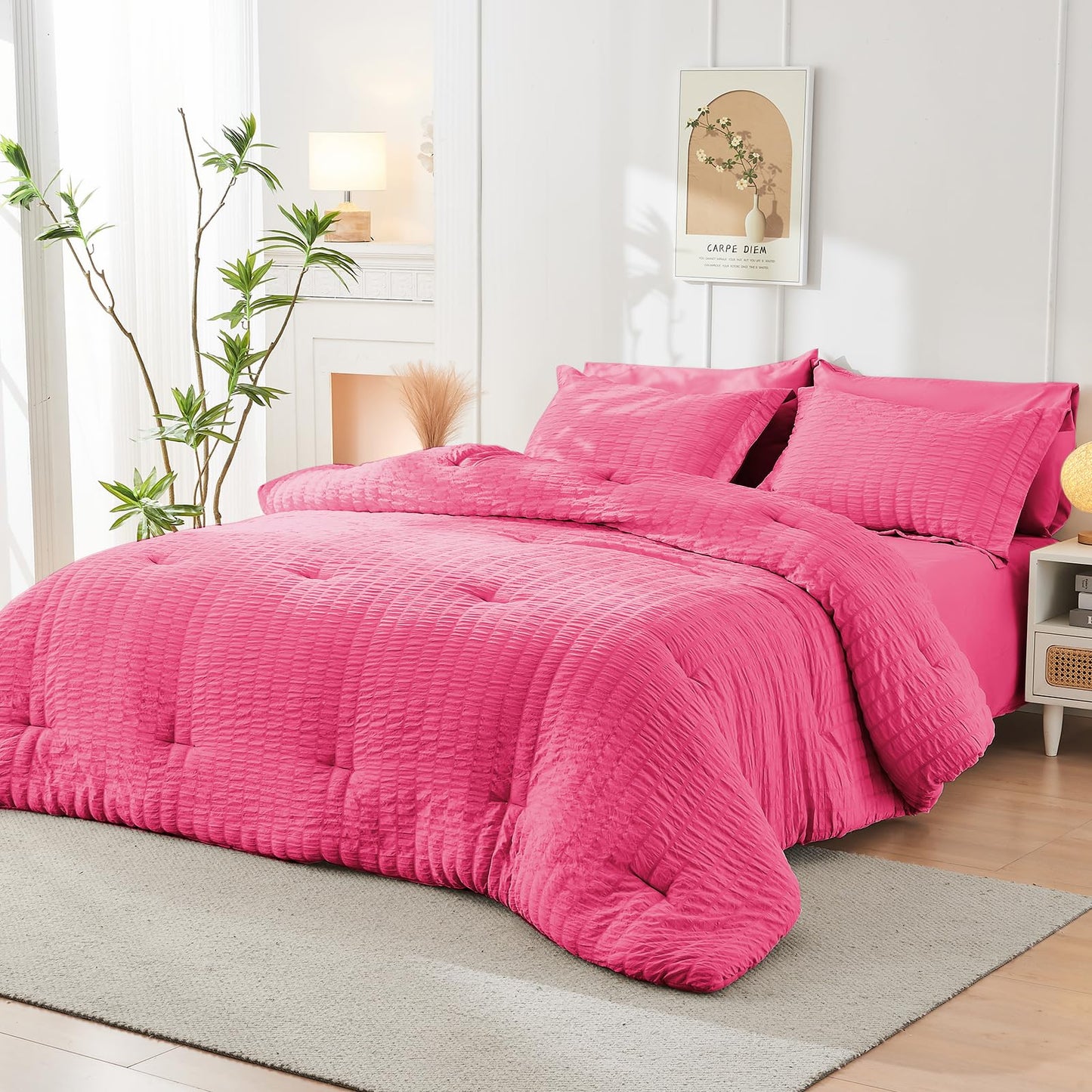 HYMOKEGE Hot Pink Twin Comforter Set Seersucker 5 Pieces, All Season Luxury Bed in a Bag for Bedroom, Bedding Set with Comforter, Sheets, Pillowcase & Sham