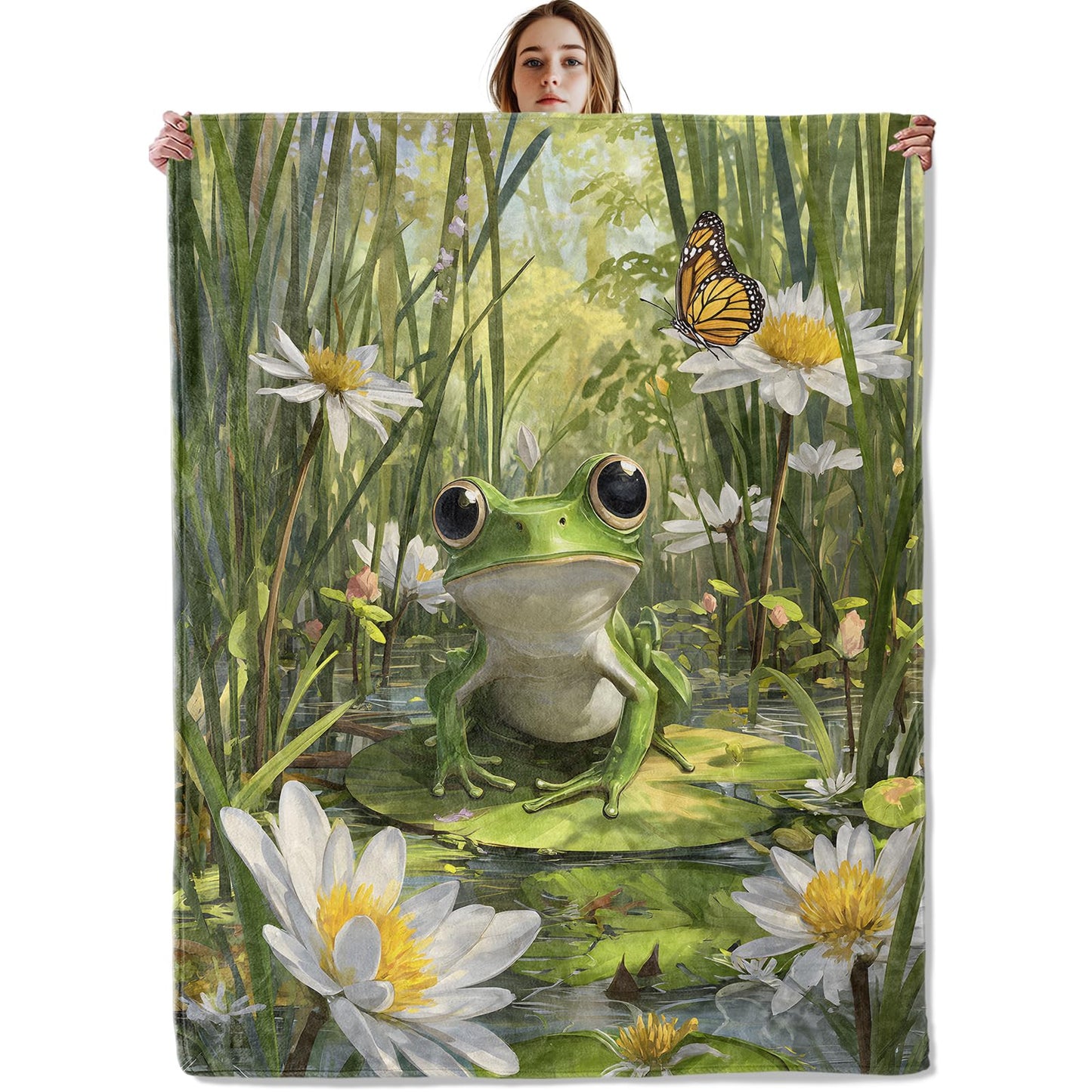VOPNXLT Frog and Butterfly Blanket, Soft Cozy Lightweight Cute Realistic Green Frog Throw Blanket for Kids Women, Sofa Couch Bed 50x60 Inch Flannel Nature Blankets for Travel Decor Gifts