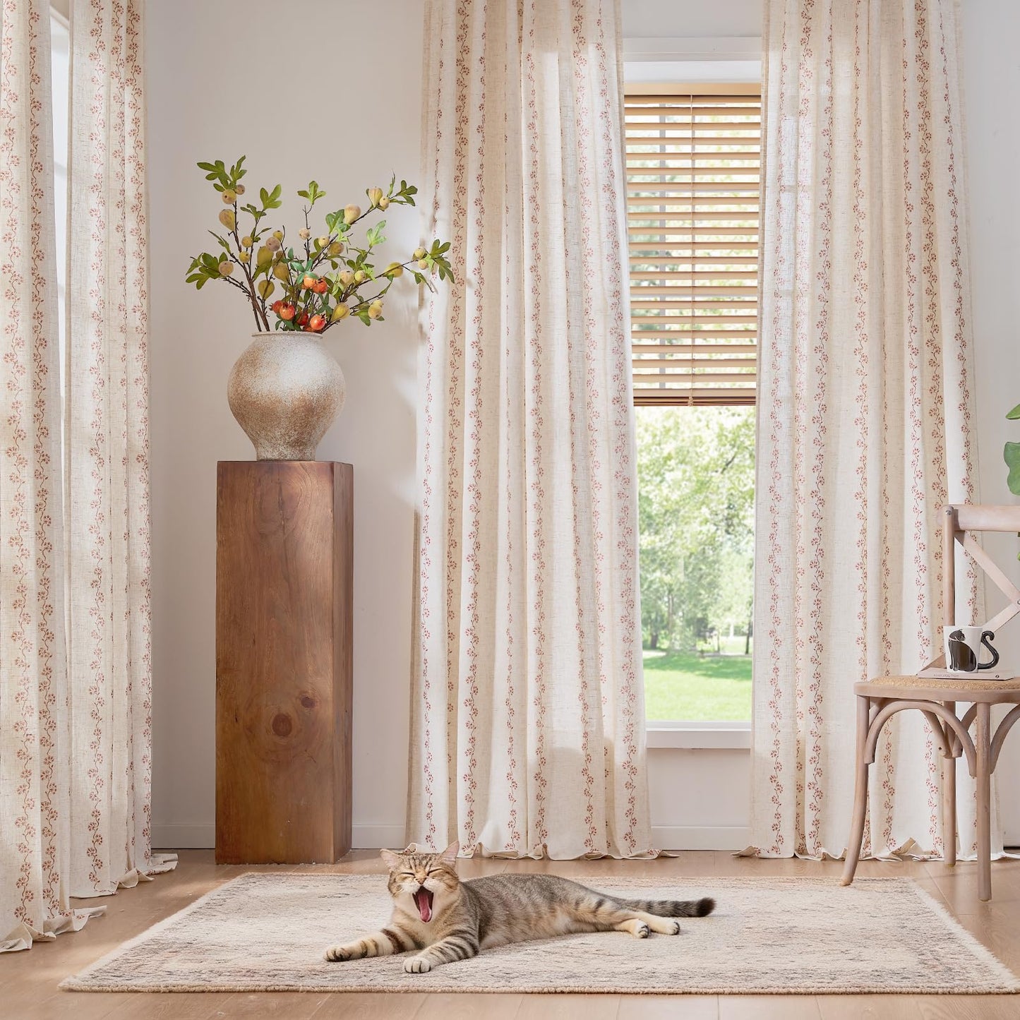 Lazzzy Cathy Linen Floral Curtains for Living Room Terracotta Curtains for Bedroom Farmhouse Drapes 84 Inches Length 2 Panels Back Tab W50 x L84 Terracotta on Linen