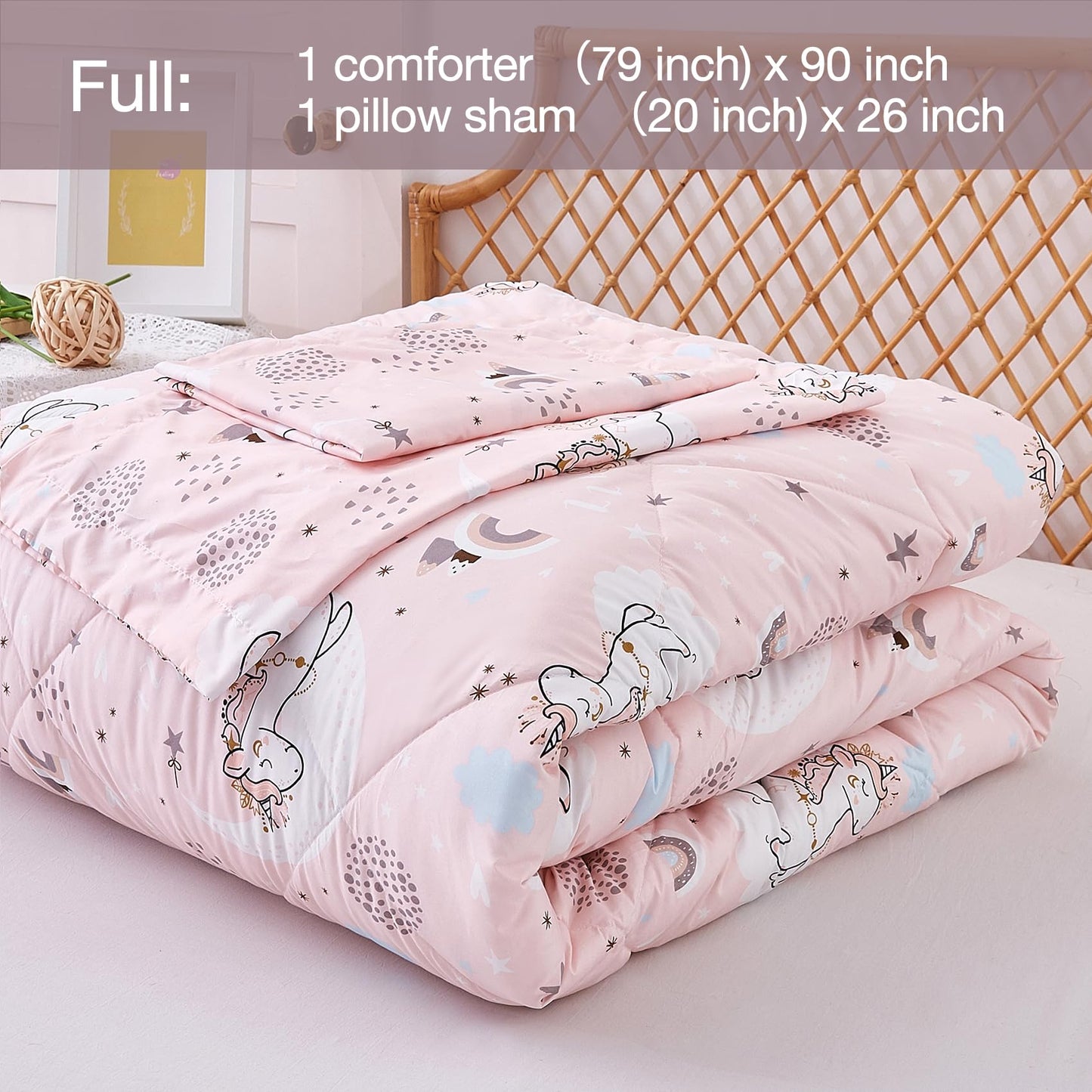 JSD Pink Unicorn Kids Comforter Set Full Size, 3 Piece Girls Rainbow Microfiber Comforter with Pillow Shams, Lightweight All Season Washable