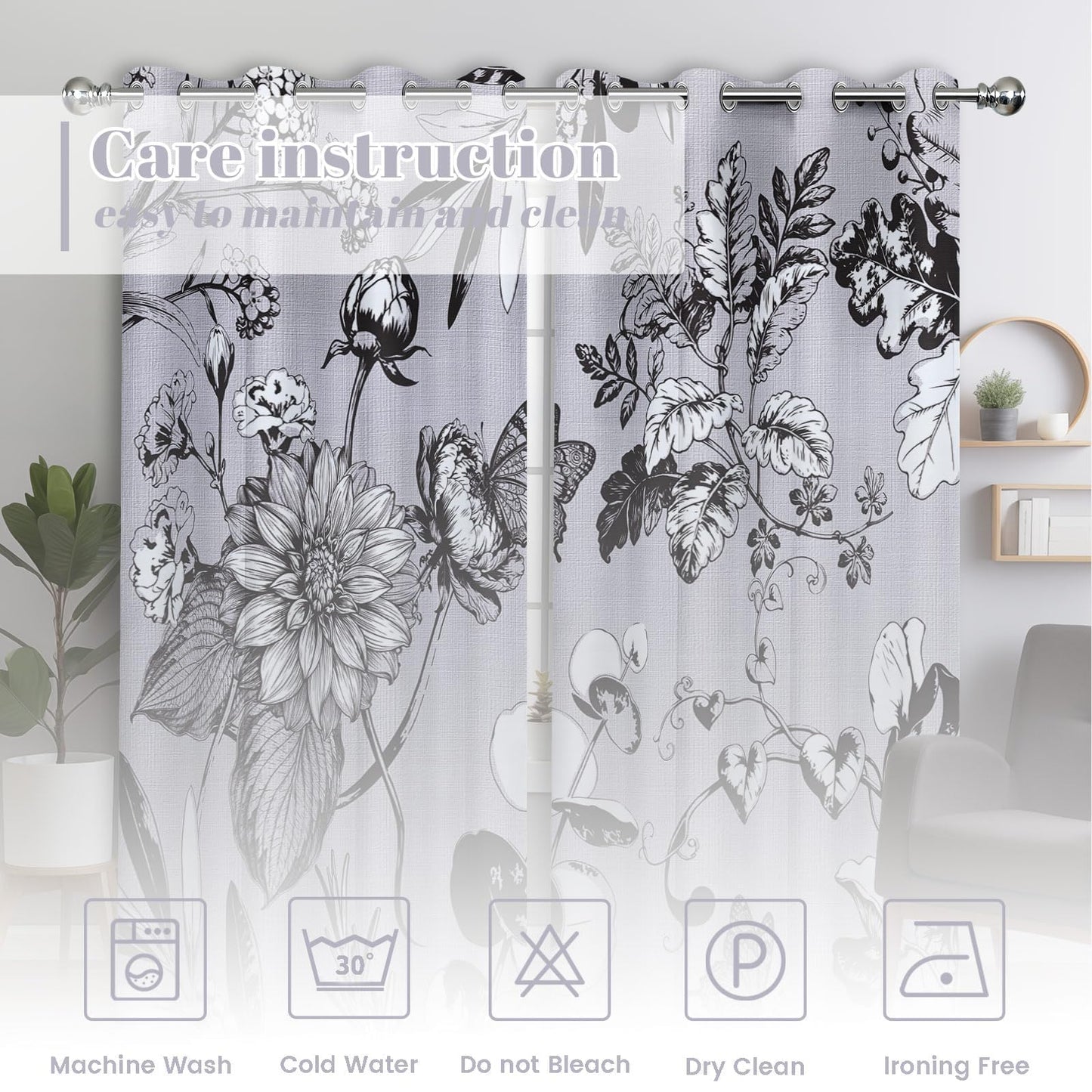 soeeao Light Grey Vintage Botanical Blackout Curtains Patterned Grey and White Floral Window Drapes for Bedroom Living Room, 84 inch Length 2 Panels Set, 52x84 inch
