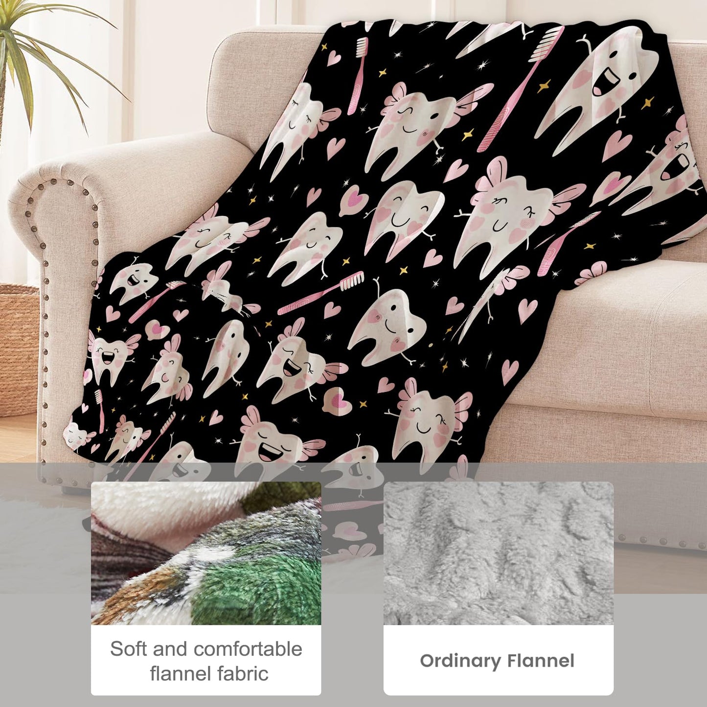 cromcu Cute Tooth Fairy Throw Blanket Warm Lightweight, Pink Dental Heart Flannel Blankets Gifts for Girls Women Dental Lovers, Home Decor Throws for Couch Sofa Camping Office Travel, Black 60"X50"