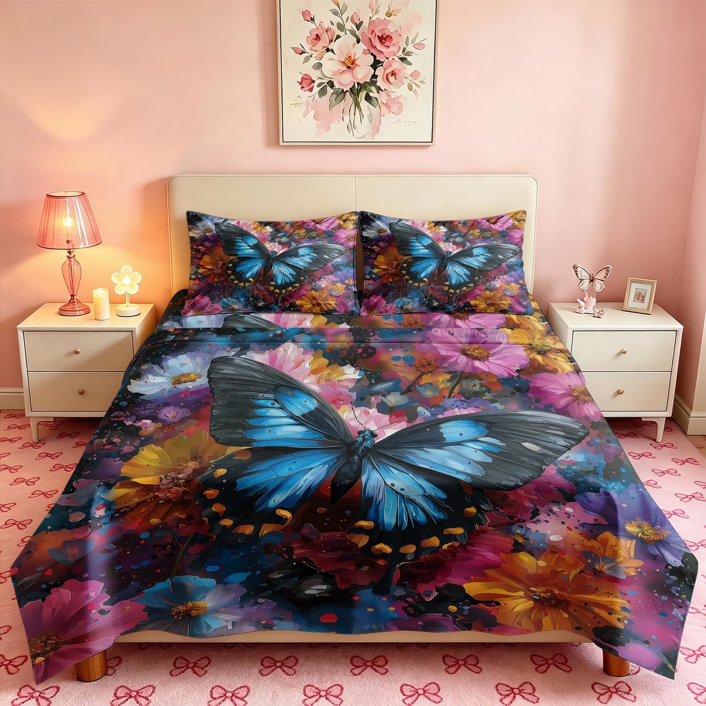Blue Butterfly Queen Sheet Set Girls Floral Flat Fitted Sheet Sets
