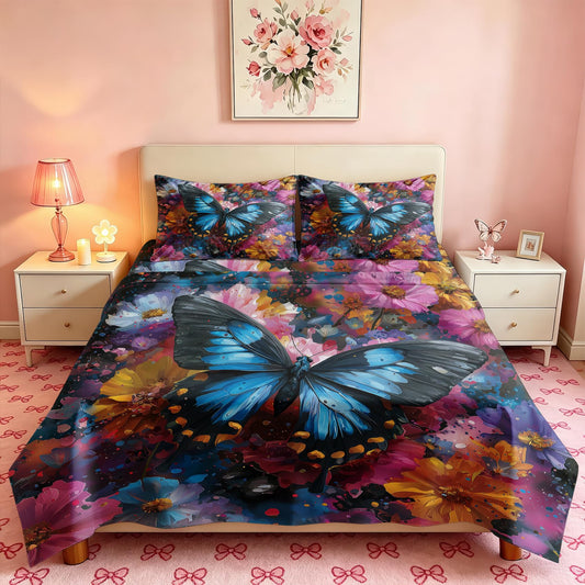 Blue Butterfly Queen Sheet Set Girls Floral Flat Fitted Sheet Sets
