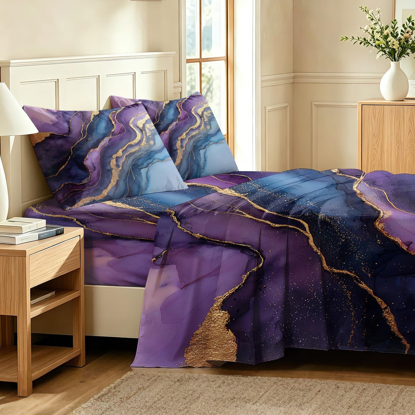 Purple Marble Full Sheet Set Abstract Flat Fitted Sheet Sets, Gold Purple