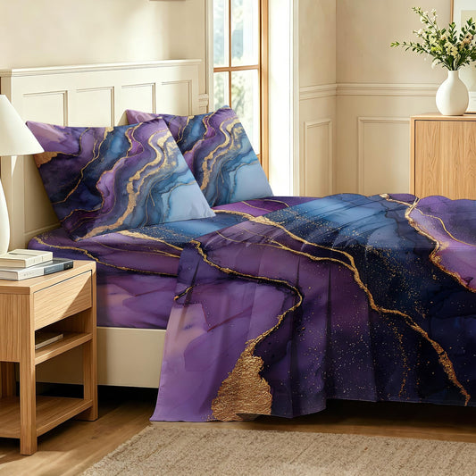 Purple Marble Full Sheet Set Abstract Flat Fitted Sheet Sets, Gold Purple