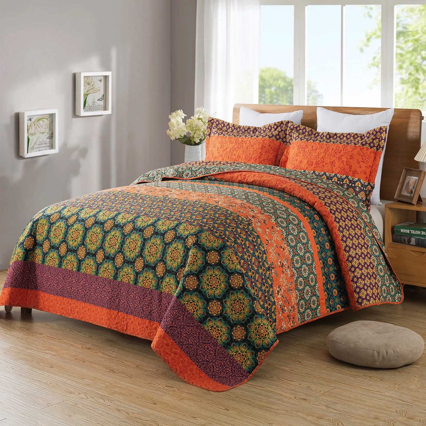 Travan Boho Stripe Quilt Sets Floral Printed Reversible Soft Bohemian Bedding Set with Shams for All Season, Orange Red Stripe, King Size