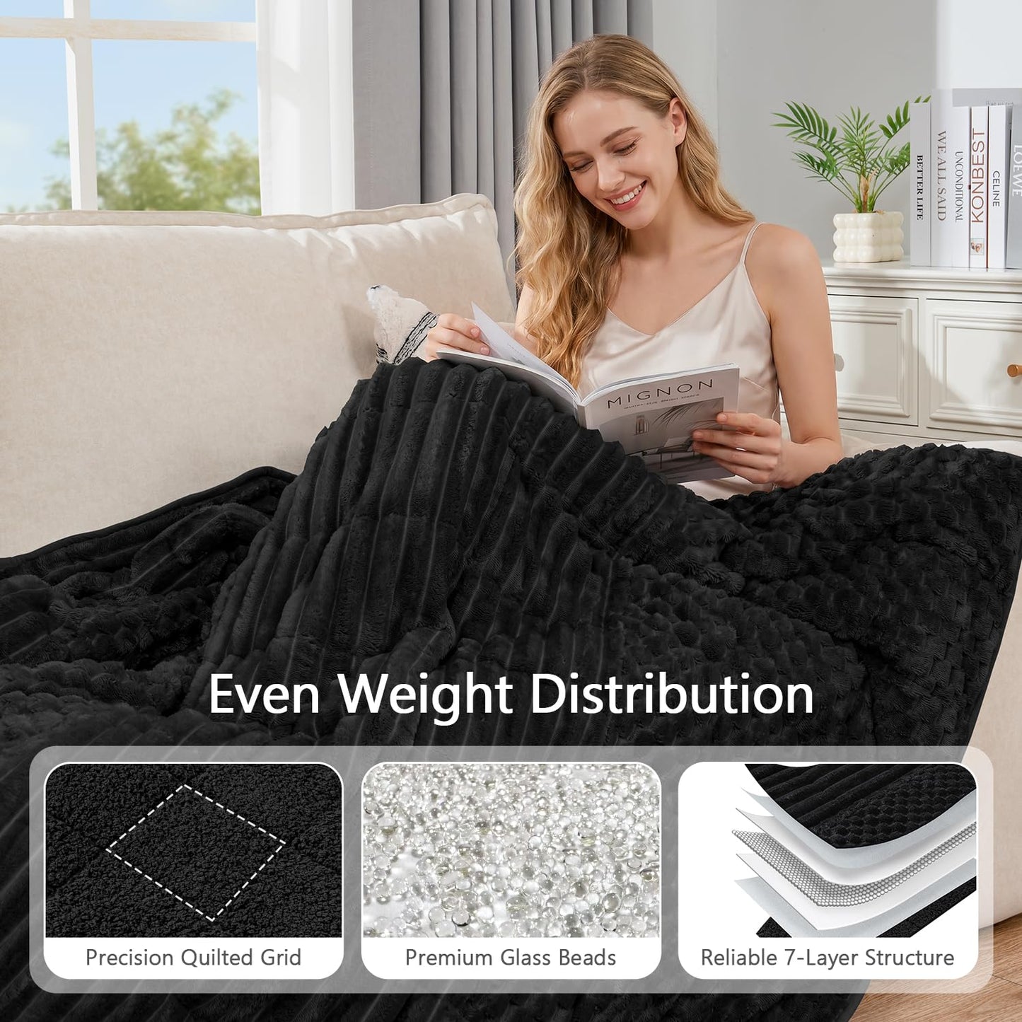 Mr. Sandman Fleece Weighted Blanket for Adults, Queen Size 15 lb, Heavy Throw Blanket with Soft Plush Jacquard and Warm Sherpa, Washable Weighted Blanket for Relaxing Sleep, 60 x 80 Inch, Black