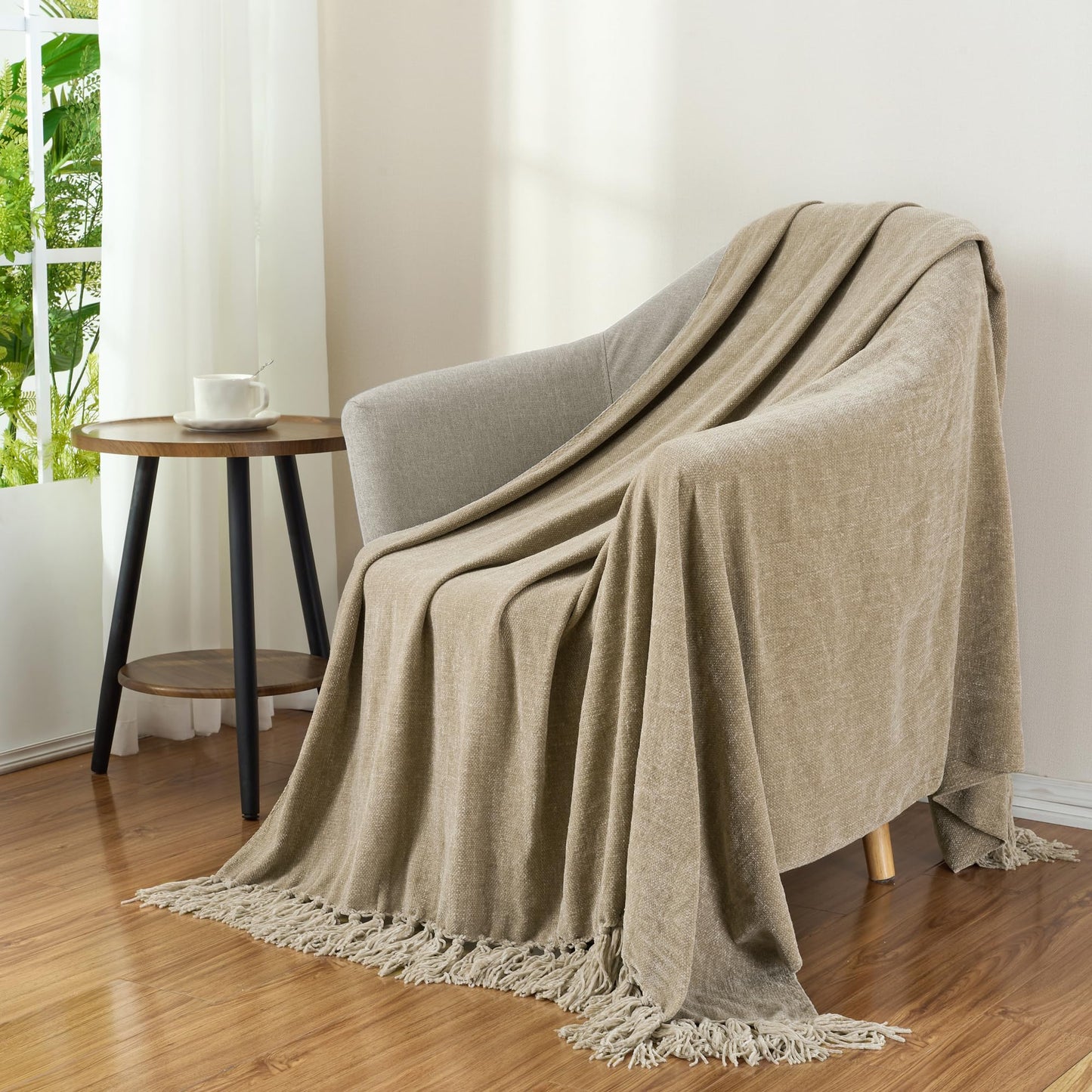 GINAMUSE Chenille Throw Blanket for Couch with Tassels,50"X60" Soft Cozy Lightweight Knitted Boho Decorative Blankets for Bed and Sofa,Taupe