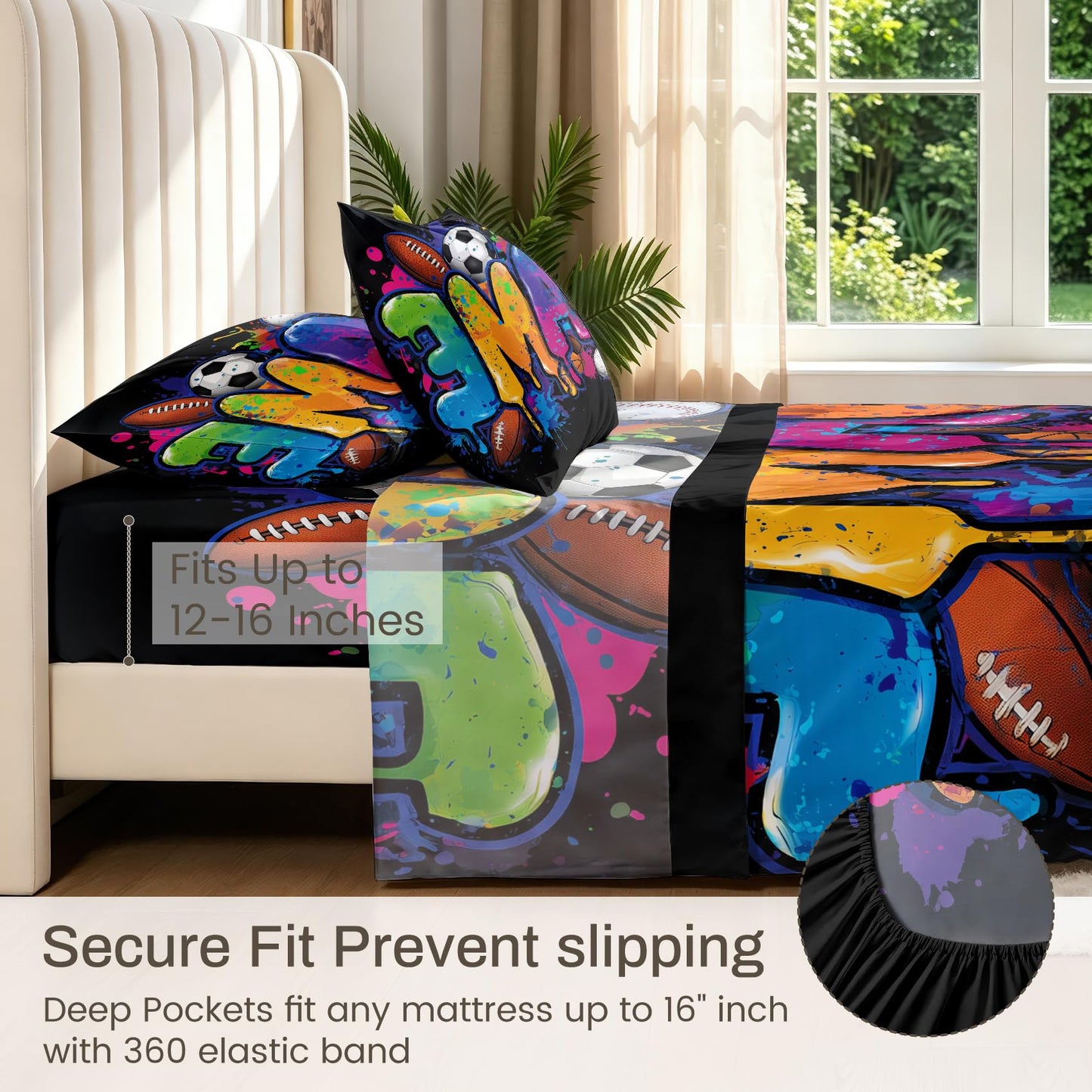 Ball Sports King Sheet Set 4 Pcs Graffiti Game Bed Sheets, Black Blue