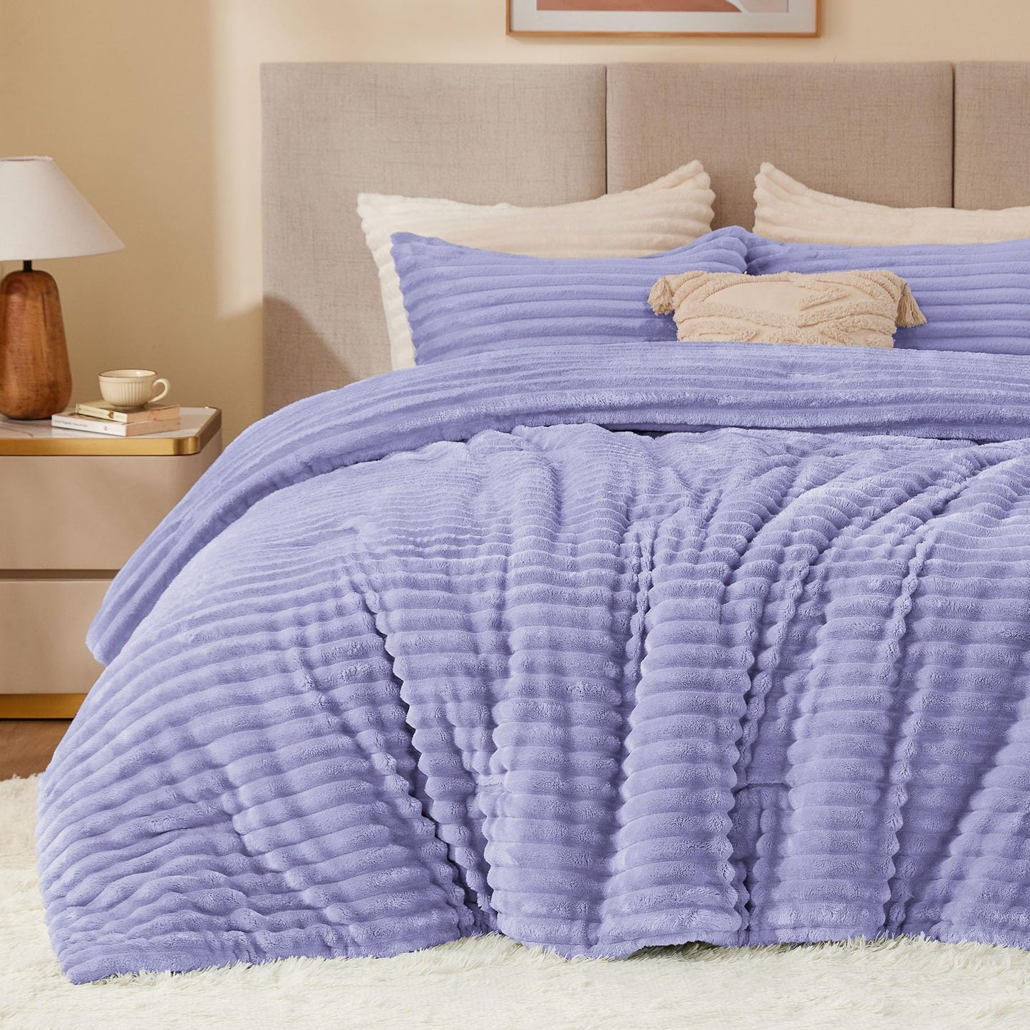 BEDELITE Fleece Queen Comforter Set -Super Soft & Warm Fluffy Lavender Bedding, Luxury Fuzzy Heavy Bed Set for All Season with 2 Pillow Cases