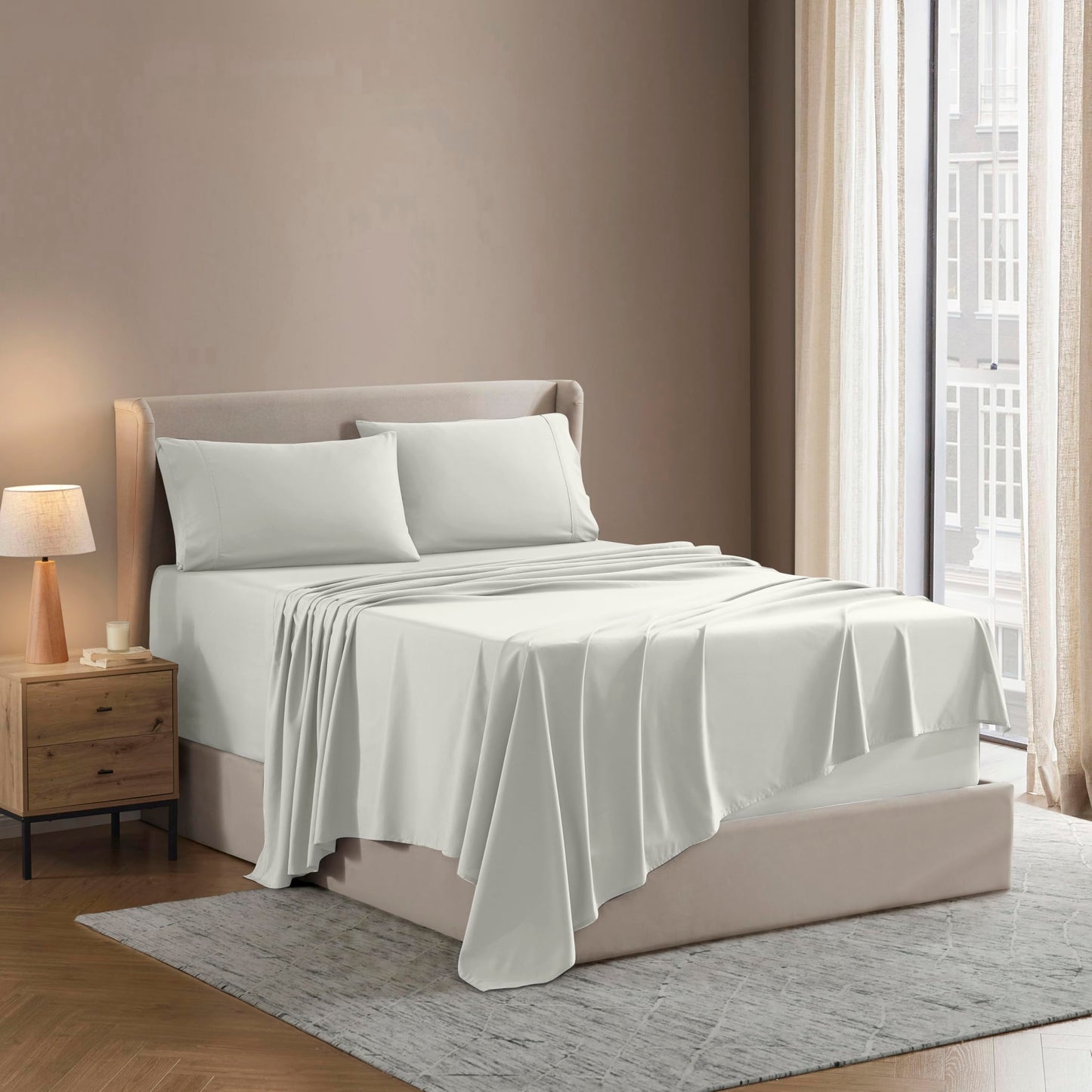 Nestl King Bed Sheet Set - Off White - Instantly Soft Microfiber, No Break-in Wash - 4-Piece Deep Pocket Sheets & Pillowcases, Stays Put All Night