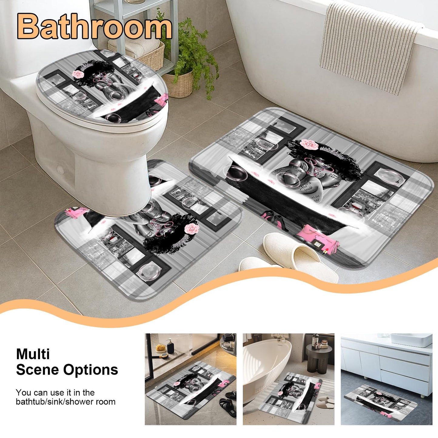 KOKGYM 4Pcs African American Shower Curtain Sets with Rugs, Black Girl Shower Curtain for Bathroom Decor Sets with Paris Eiffel Tower Art Pattern, Grey Waterproof juego de baño, with 12 PCS Hooks