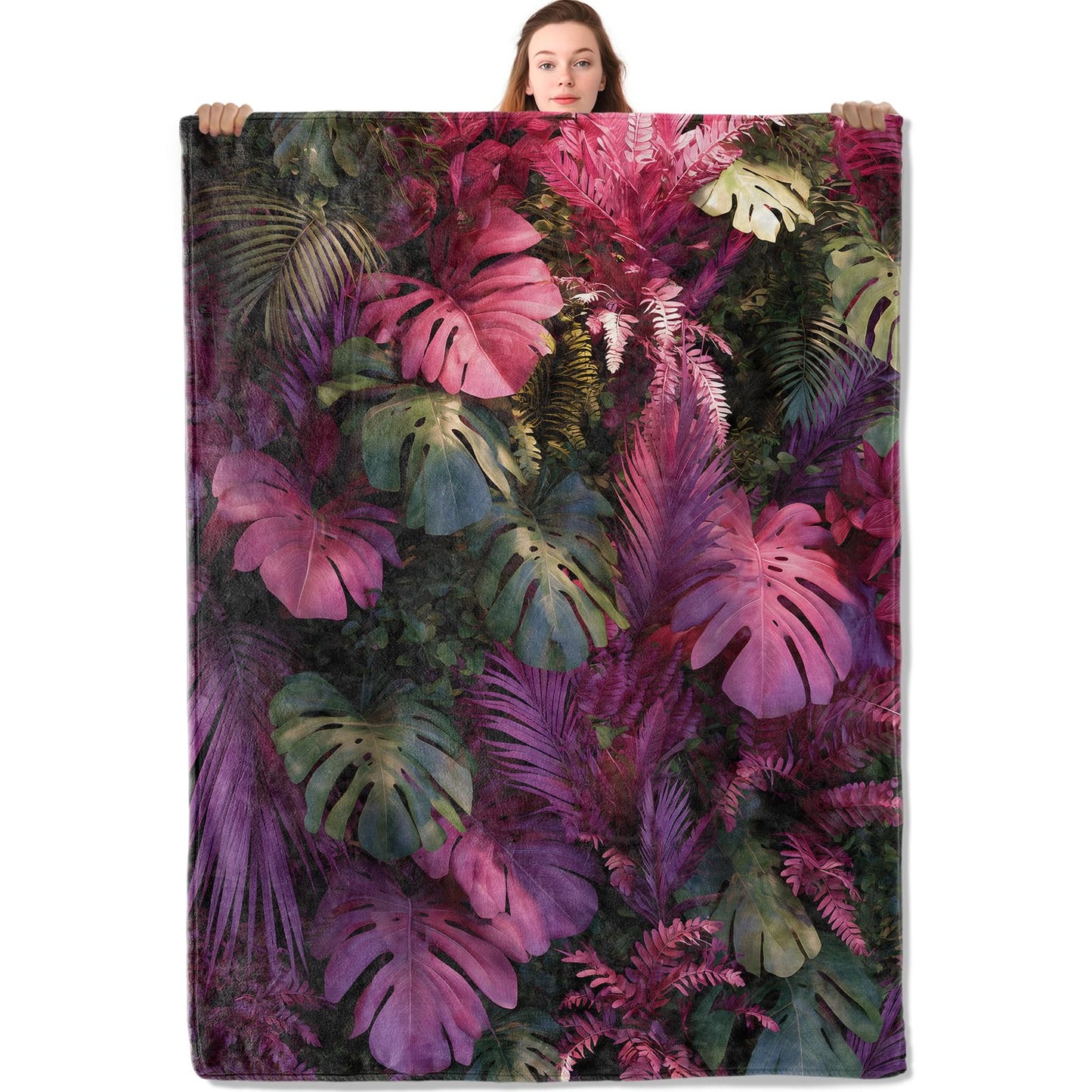 YCUFN Tropical Jungle Leaf Flannel Blanket 50"x60" Pink and Green Botanical Lightweight Throw Blankets Birthday for Nature Lovers Office Bedroom Sofa Travel Monstera Palm Home Decorate