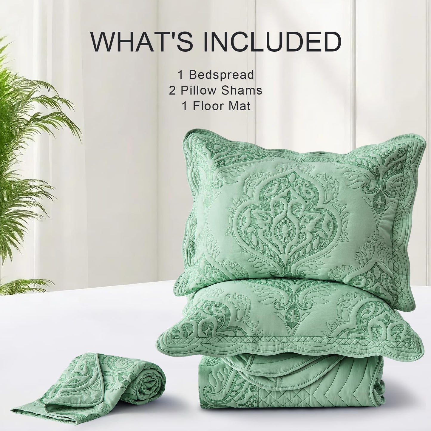 DaisyHuang Oversized Bedspread Coverlet Set Queen Size - Lightweight Bedding Cover - Beautiful Stitching - 4 Piece Reversible Bedspread, Mint Green