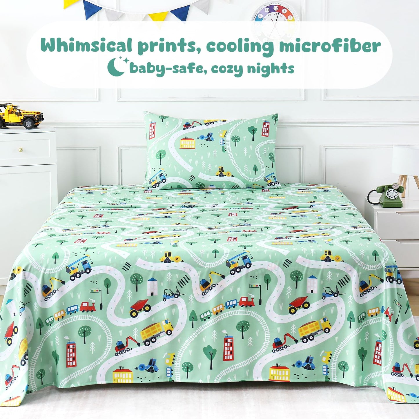 LONAVA Twin Sheet Set Kids - 3 Pieces Soft Microfiber Cartoon Style Bedsheets for Boys Girls Teens, Oeko TEX, Breathable Deep Pocket Sheets (Engineering Car)