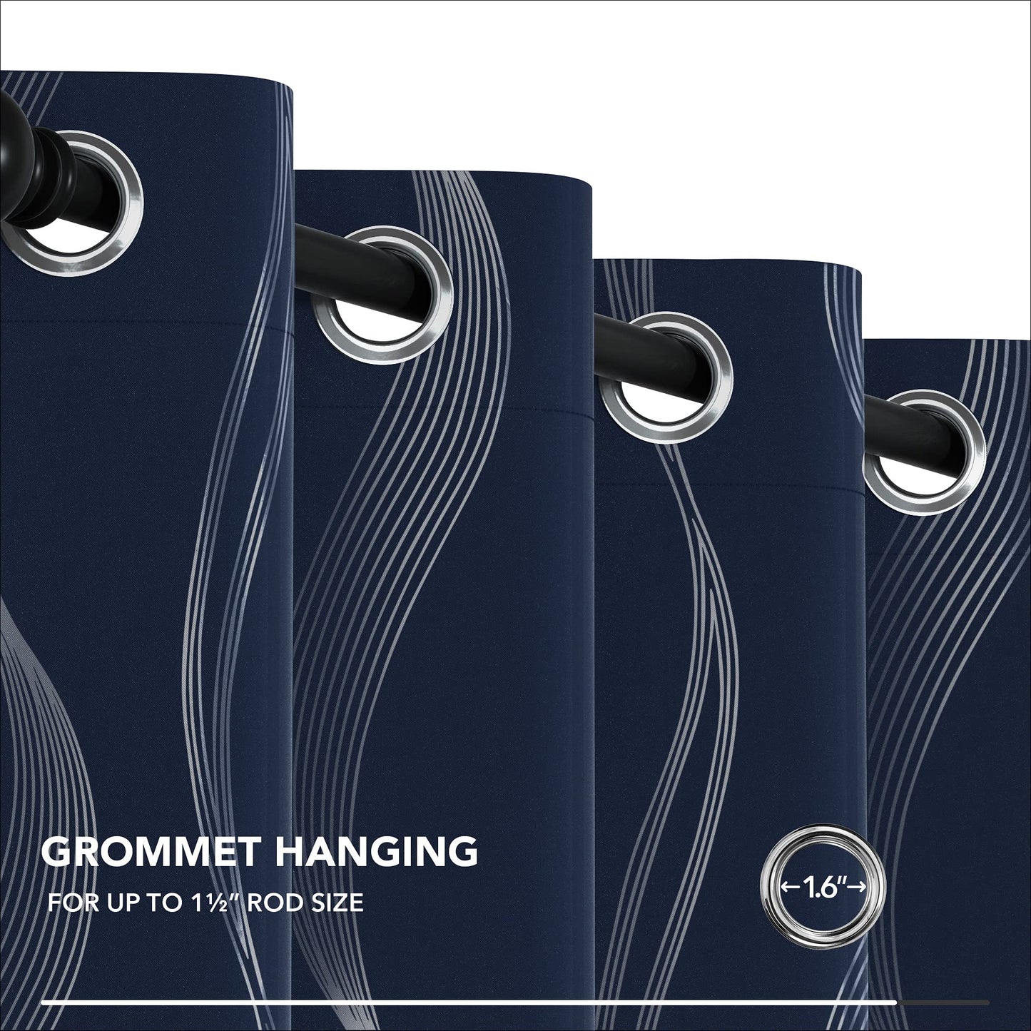 Deconovo Navy Blue Blackout Curtains 2 Panel Set for Bedroom, Thermal Insulated Grommet Room Darkening Window Drapes for Living Room, Silver Wave Foil Print, 52W x 84L Inch