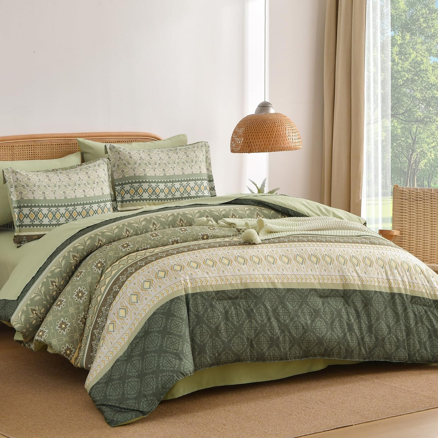 Boho Comforter Set Queen Size,7 Pieces Sage Green Bedding Set Bed in a Bag,Paisley Floral Comfortet and Sheet Set,Soft Striped Bohemian Comforter with Sheet for All Season