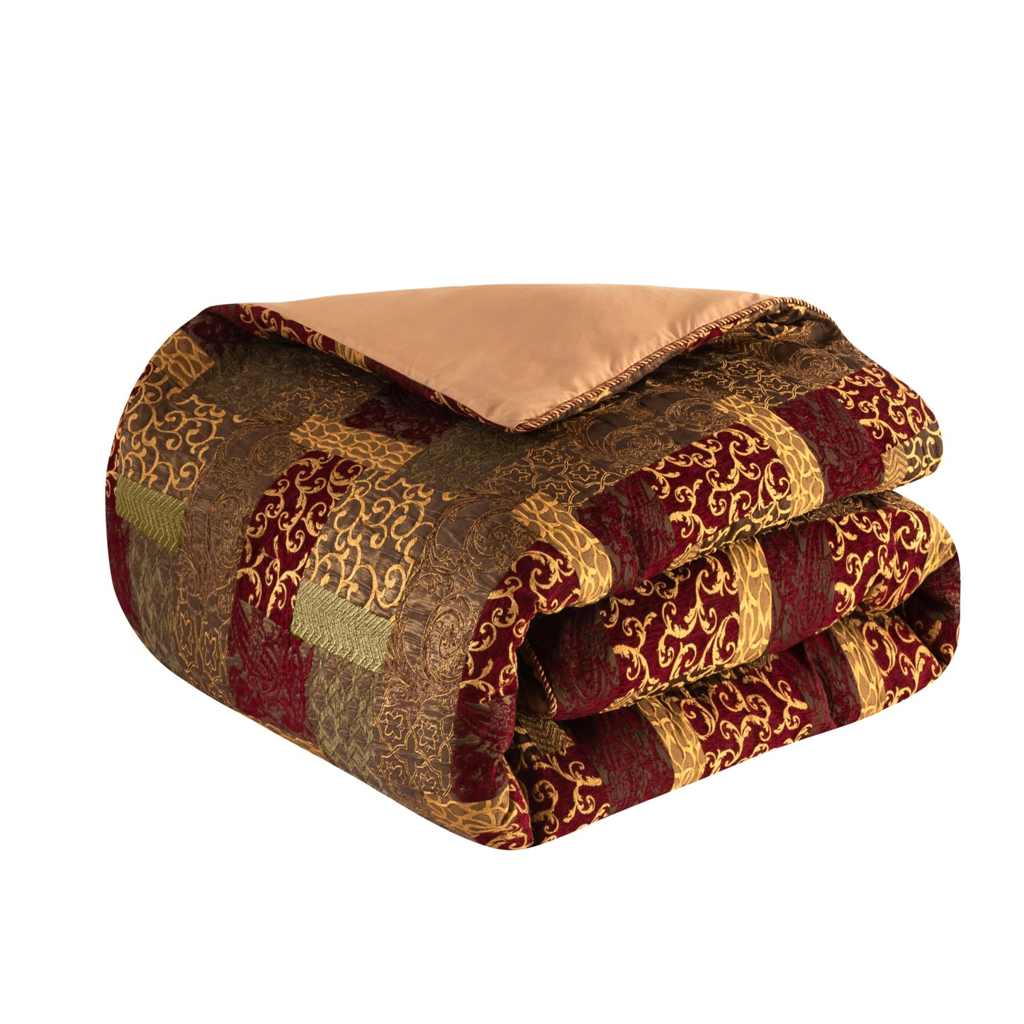 Loom and Mill 9-Piece Jacquard Luxury Traditional Patchwork Comforter Sets, Ultra Soft Bedding with Euro Shams, Bedskirt, Filled Decorative Pillow for Home (Loong, King),Red Gold